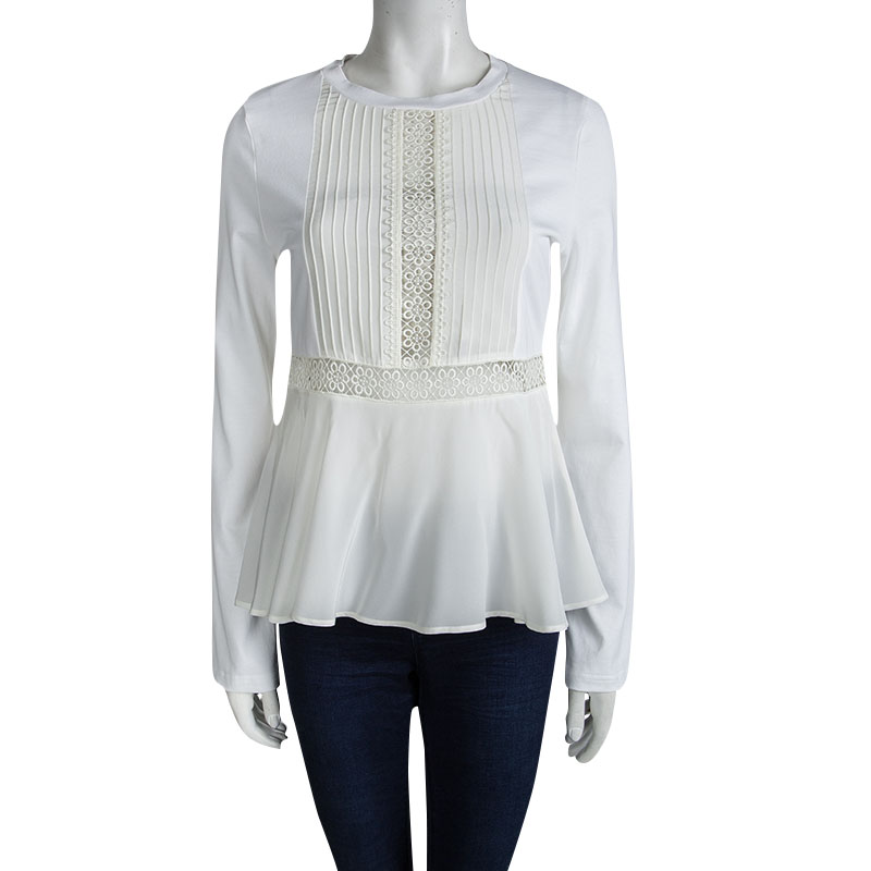 

Chloe White Cotton Lace Insert Detail Ruffle Bottom Long Sleeve Top