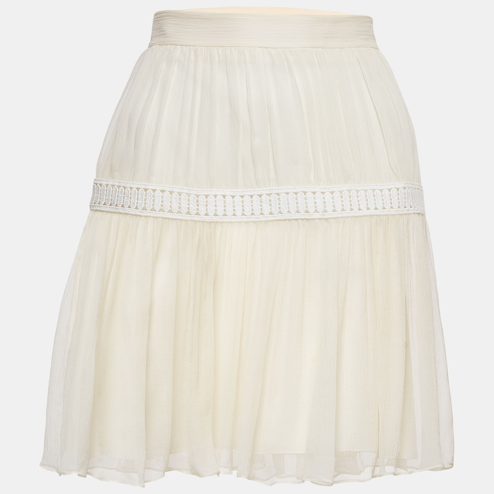 Pre-owned Chloé White Lace Trim Silk Gathered Mini Skirt S