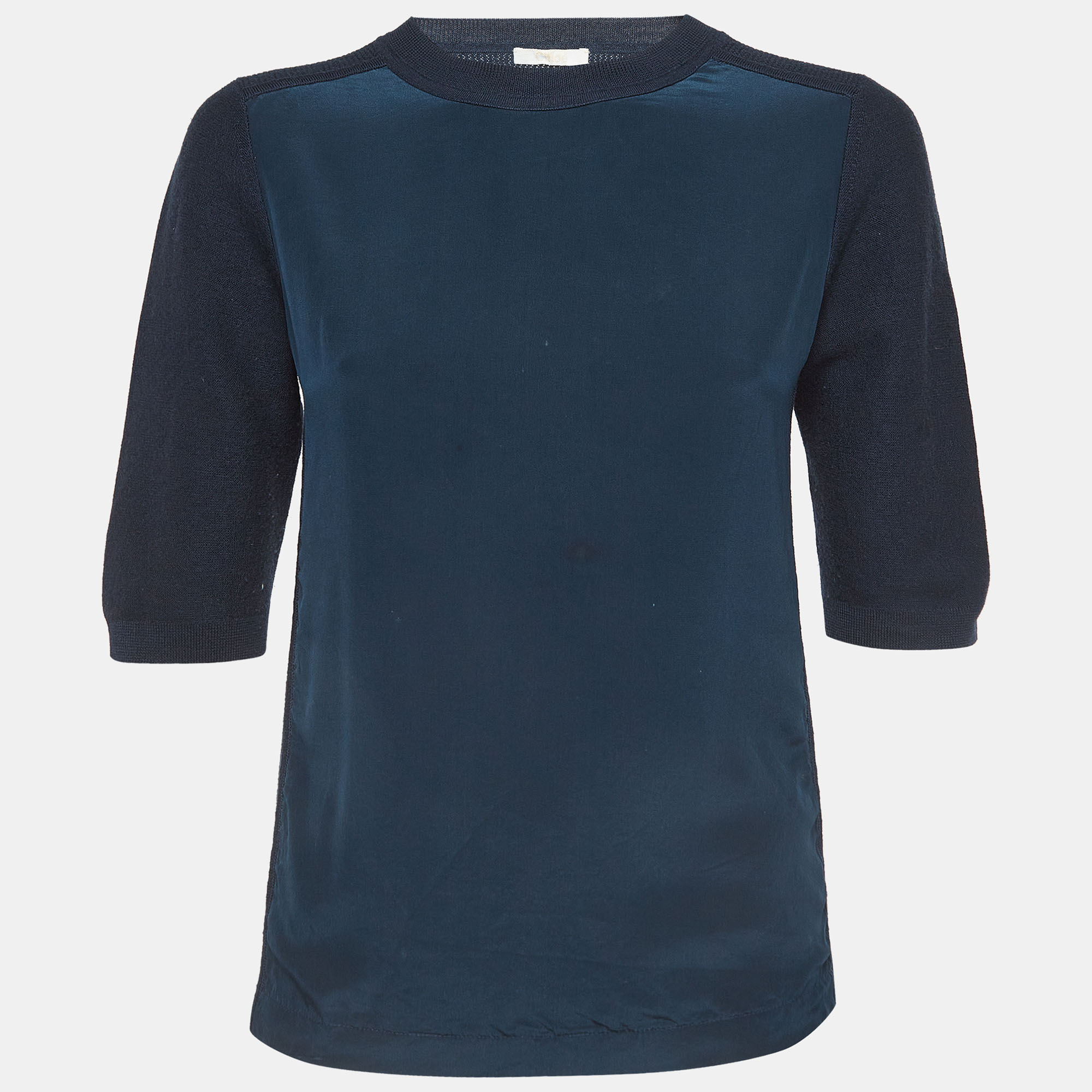 Pre-owned Chloé Dark Blue Silk And Wool Crew Neck T-shirt Xs