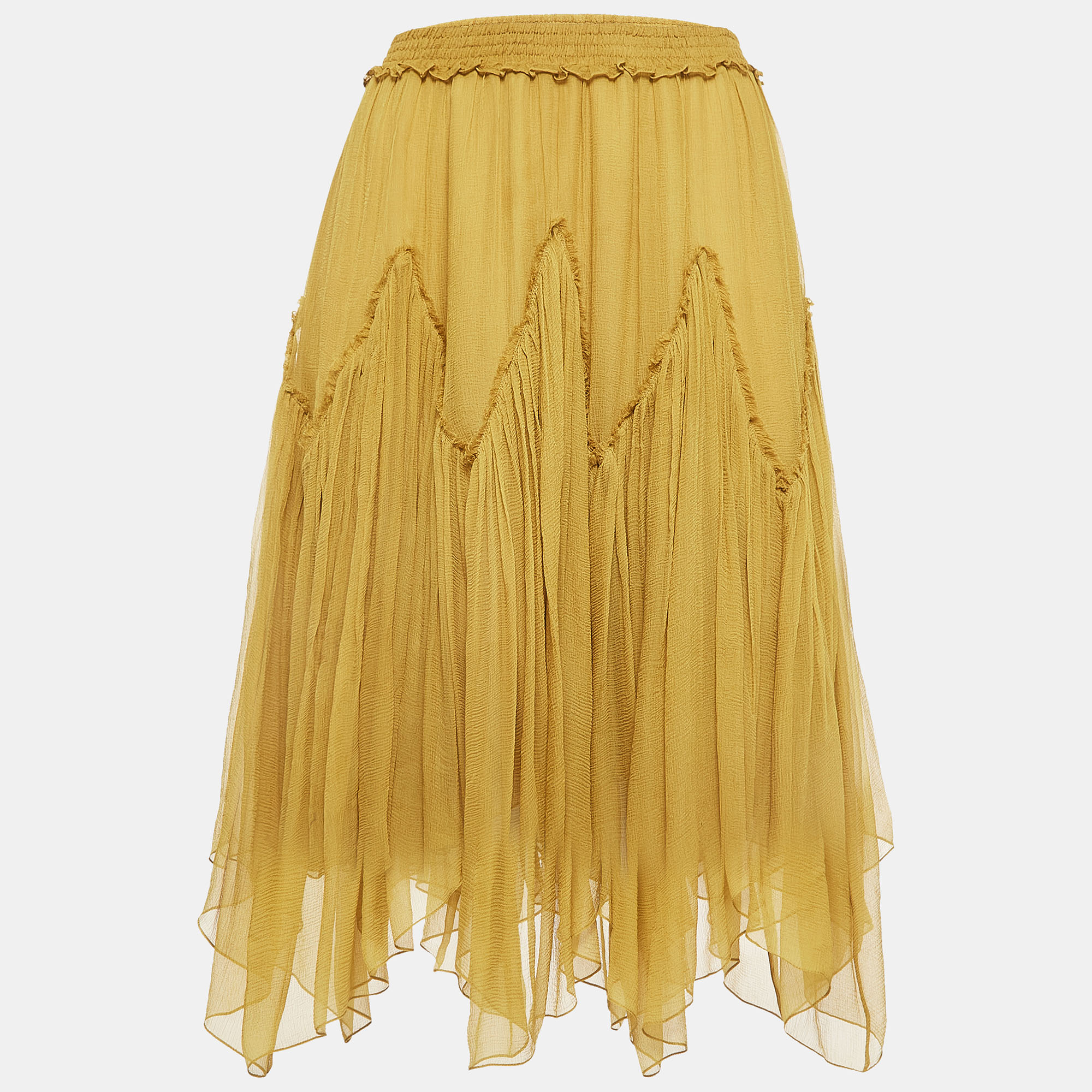 Pre-owned Chloé Yellow Silk Gathered Asymmetric Midi Skirt S