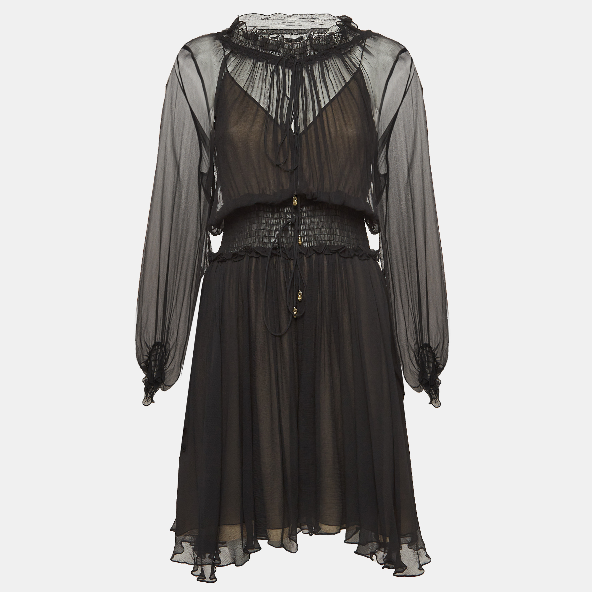 

Chloe Black Crinkle Silk Tie-Up Detail Ruffled Midi Dress