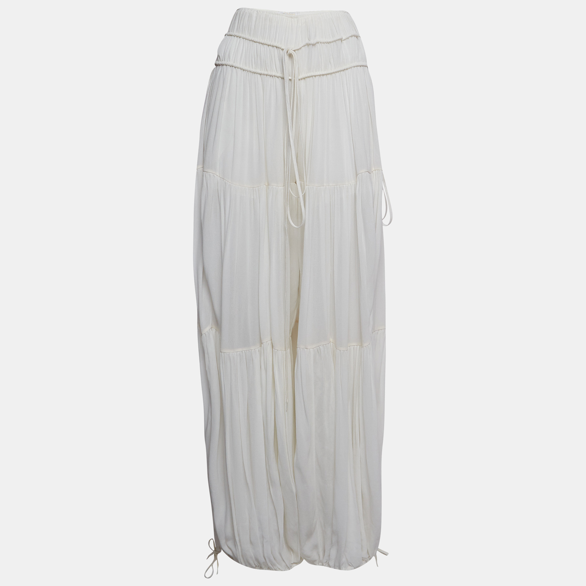 Pre-owned Chloé White Fine Sheer Crepe Gathered Detail Harem Pants S