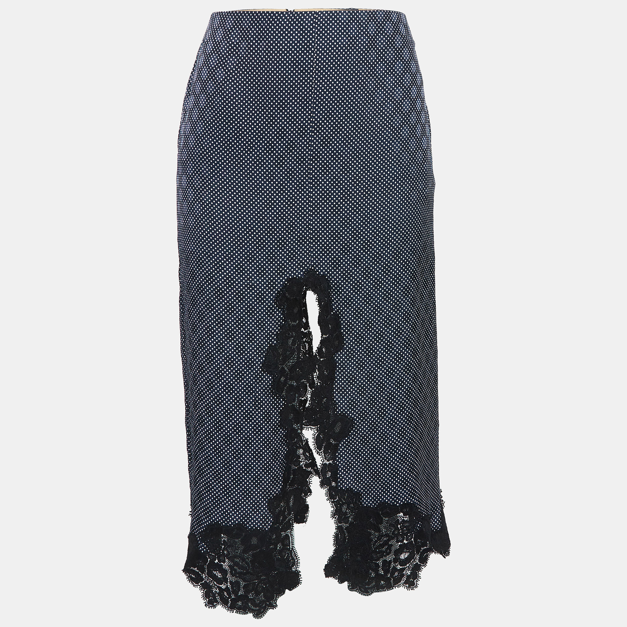 

Chloe Blue Dotted Crepe Lace Trim Midi Skirt