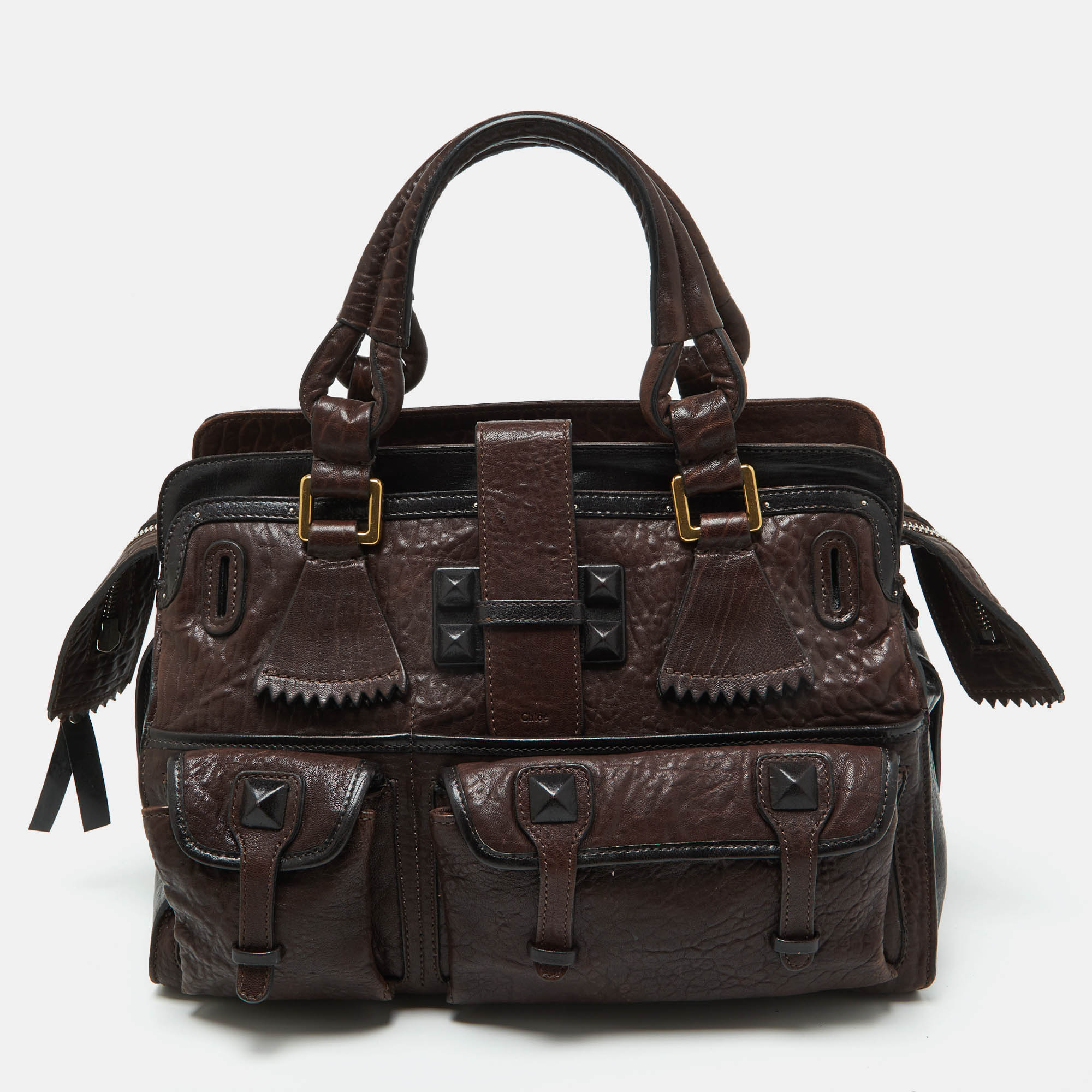 

Chloe Brown/Black Leather Pockets Tote