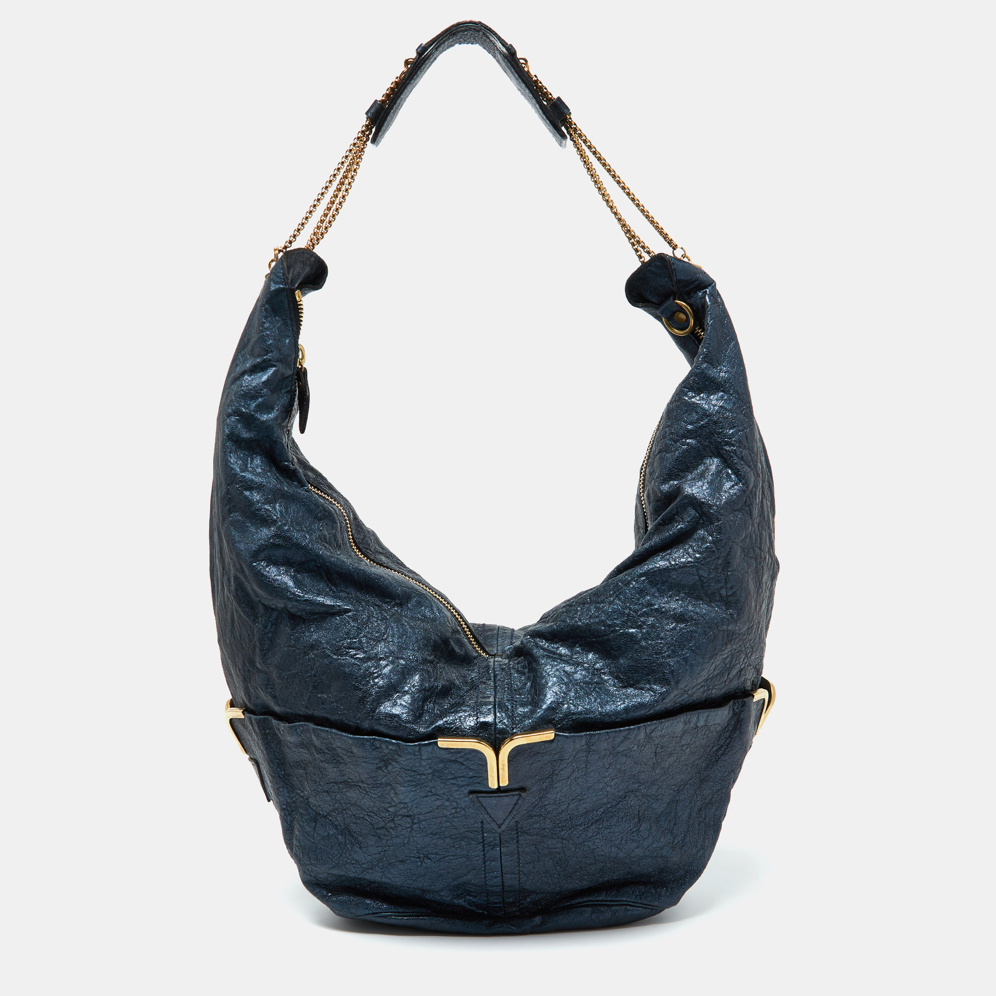 Pre-owned Chloé Metallic Blue Leather Milton Triple Chain Hobo