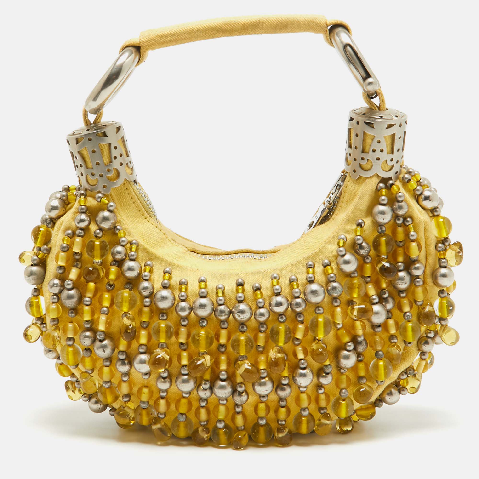 

Chloe Yellow Fabric Embellished Crescent Hobo