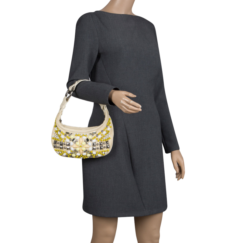 

Chloe Cream Canvas Multi Stone Embellished Shoulder Bag, Beige