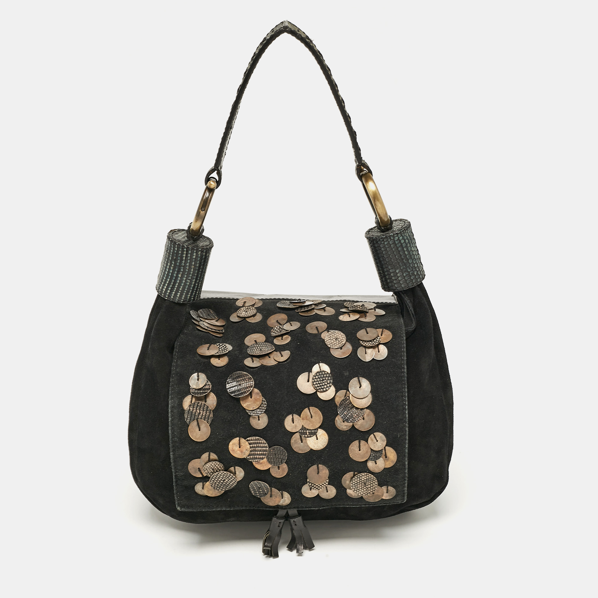 

Chloe Black Leather and Suede Embellished Flap Hobo