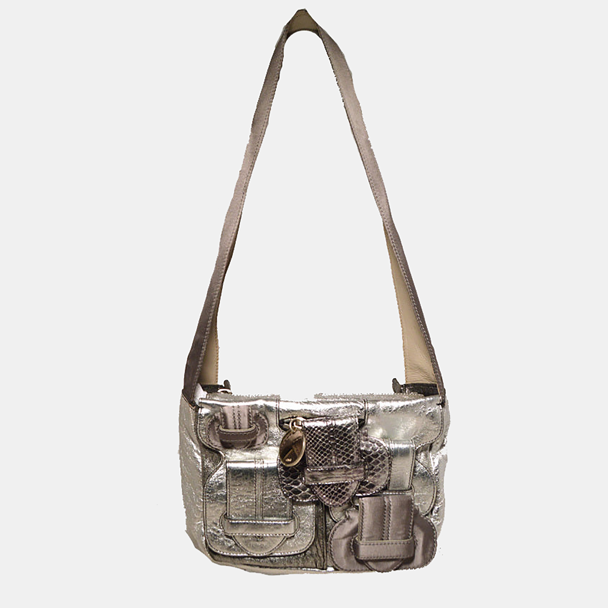 

Chloe Silver Leather Satin Snakeskin Buckle Shoulder Bag