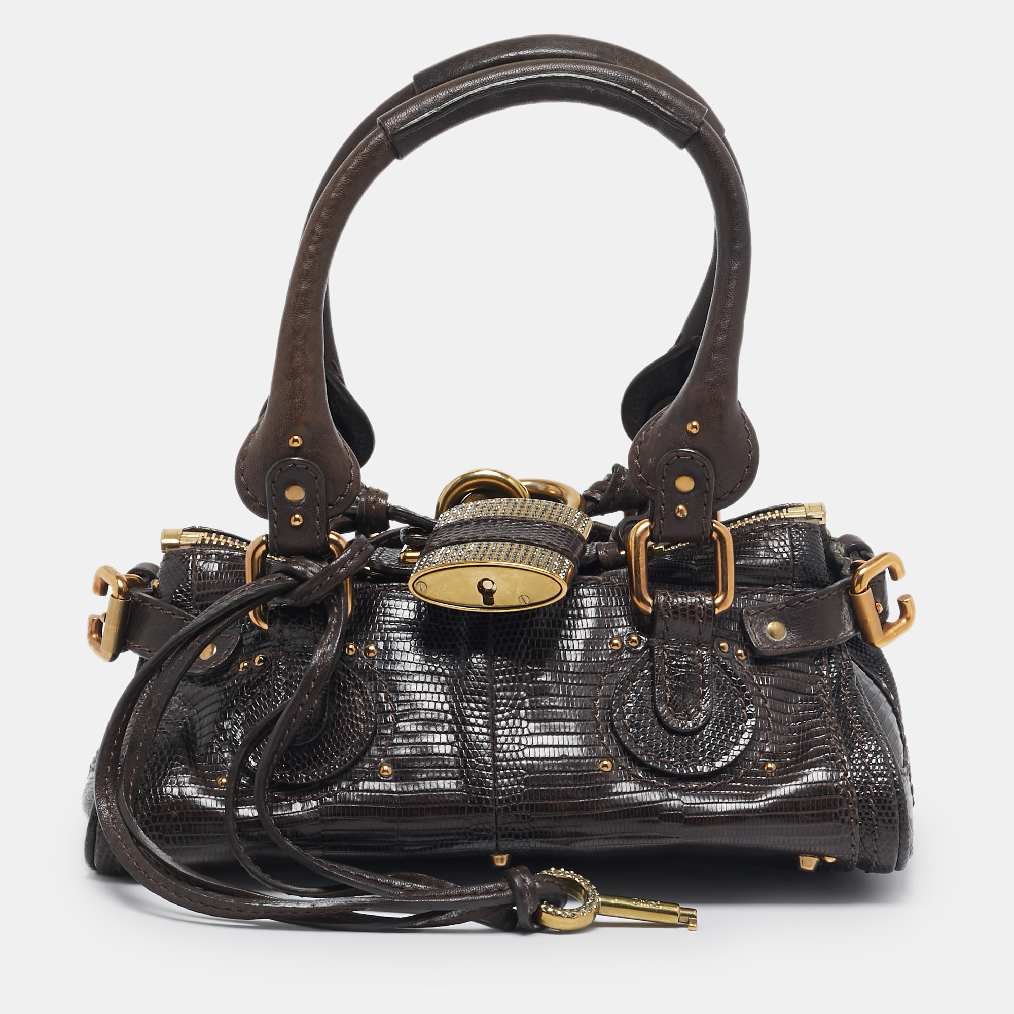 

Chloe Dark Brown Lizard and Leather Small Paddington Crystals Satchel