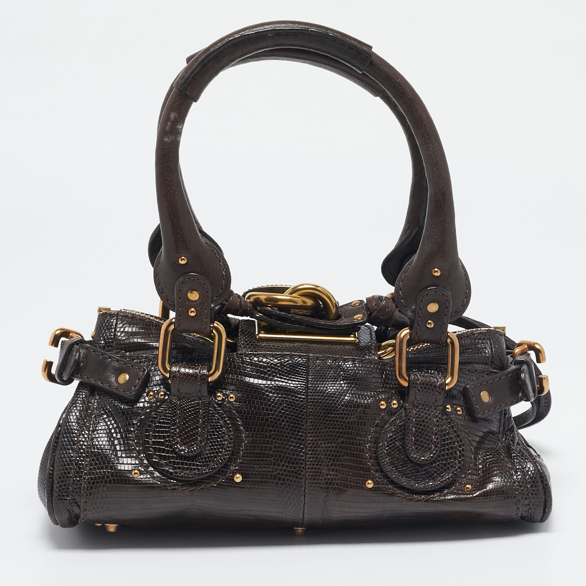 Chloe Dark Brown Lizard and Leather Small Paddington Crystals Satchel 