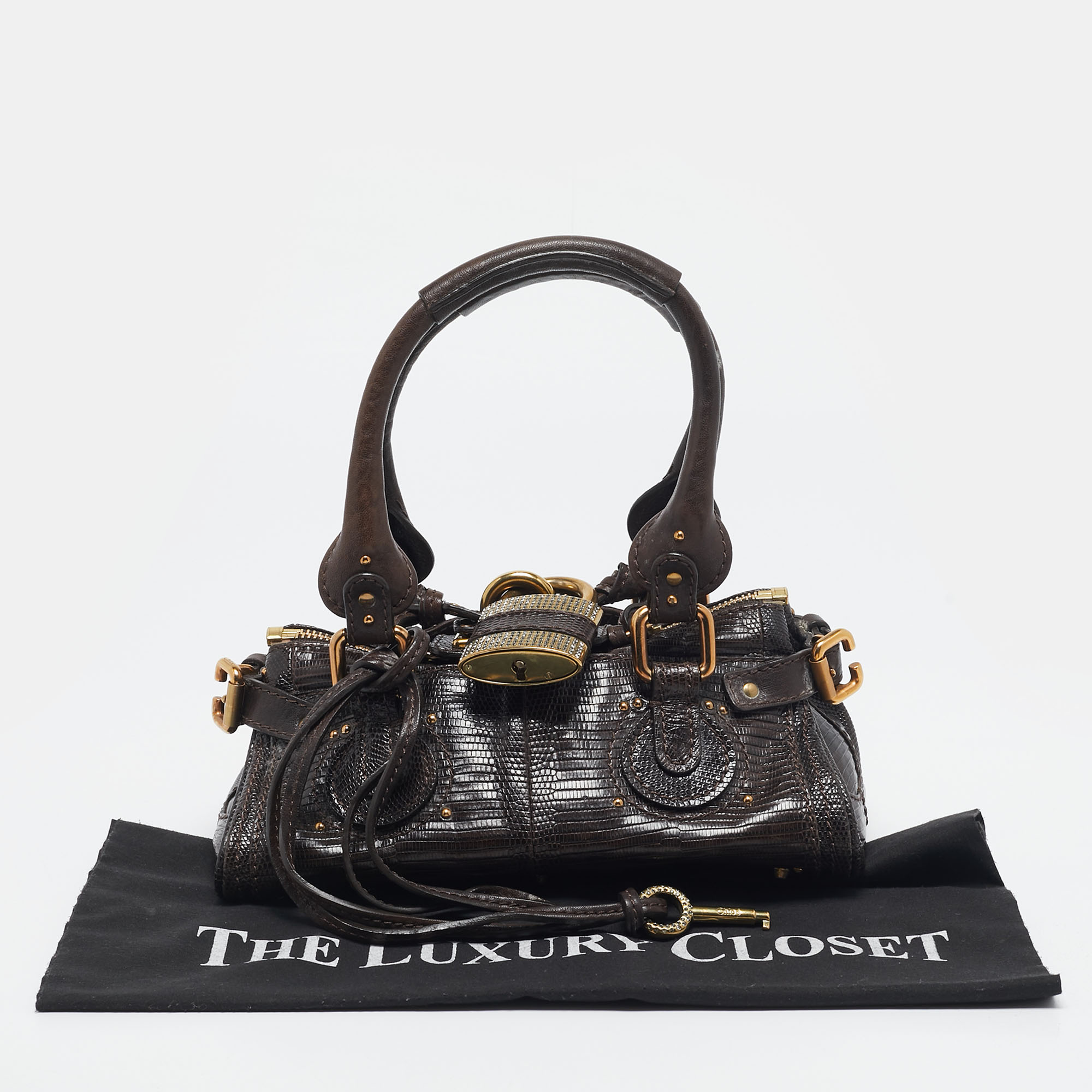 Chloe Dark Brown Lizard and Leather Small Paddington Crystals Satchel 
