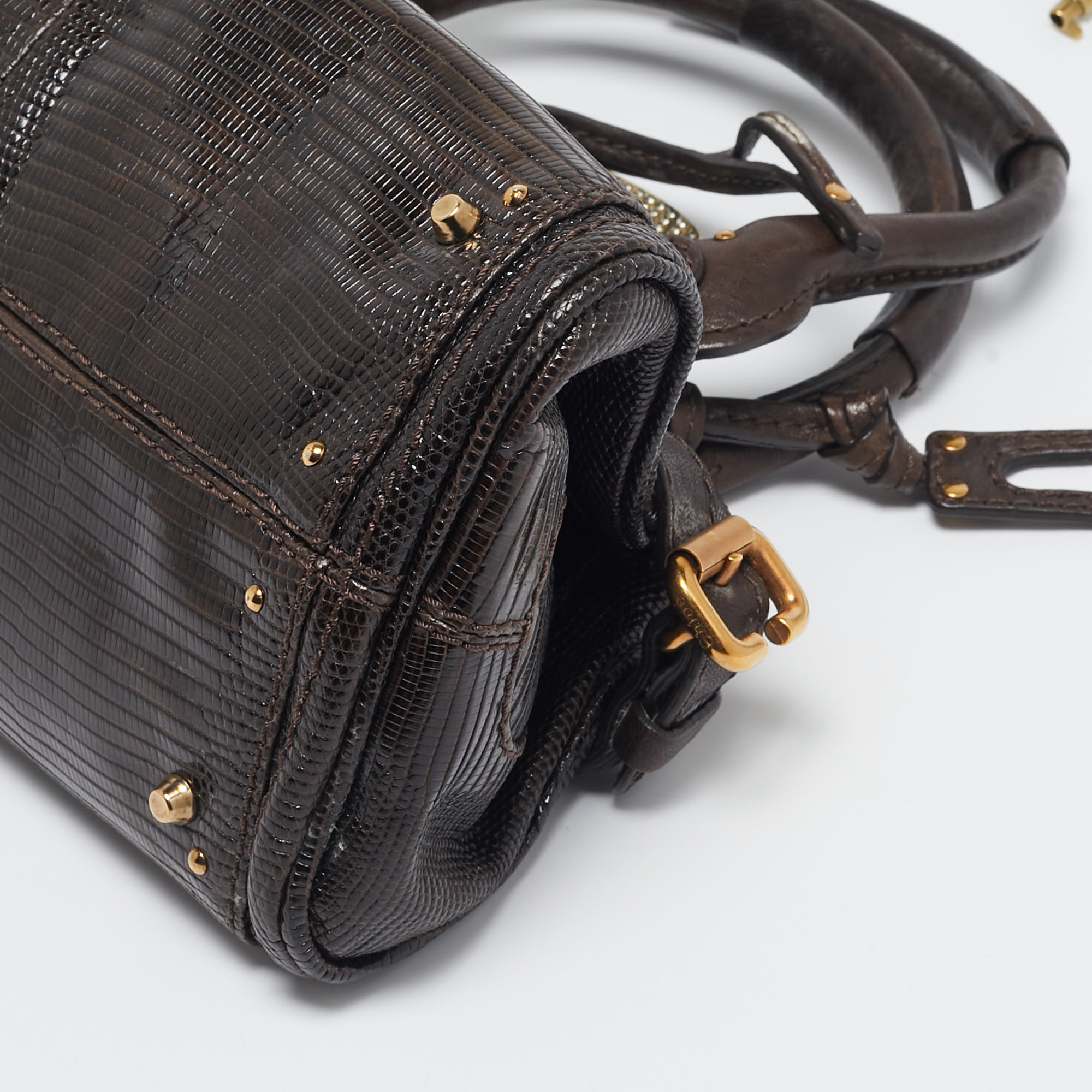 Chloe Dark Brown Lizard and Leather Small Paddington Crystals Satchel 