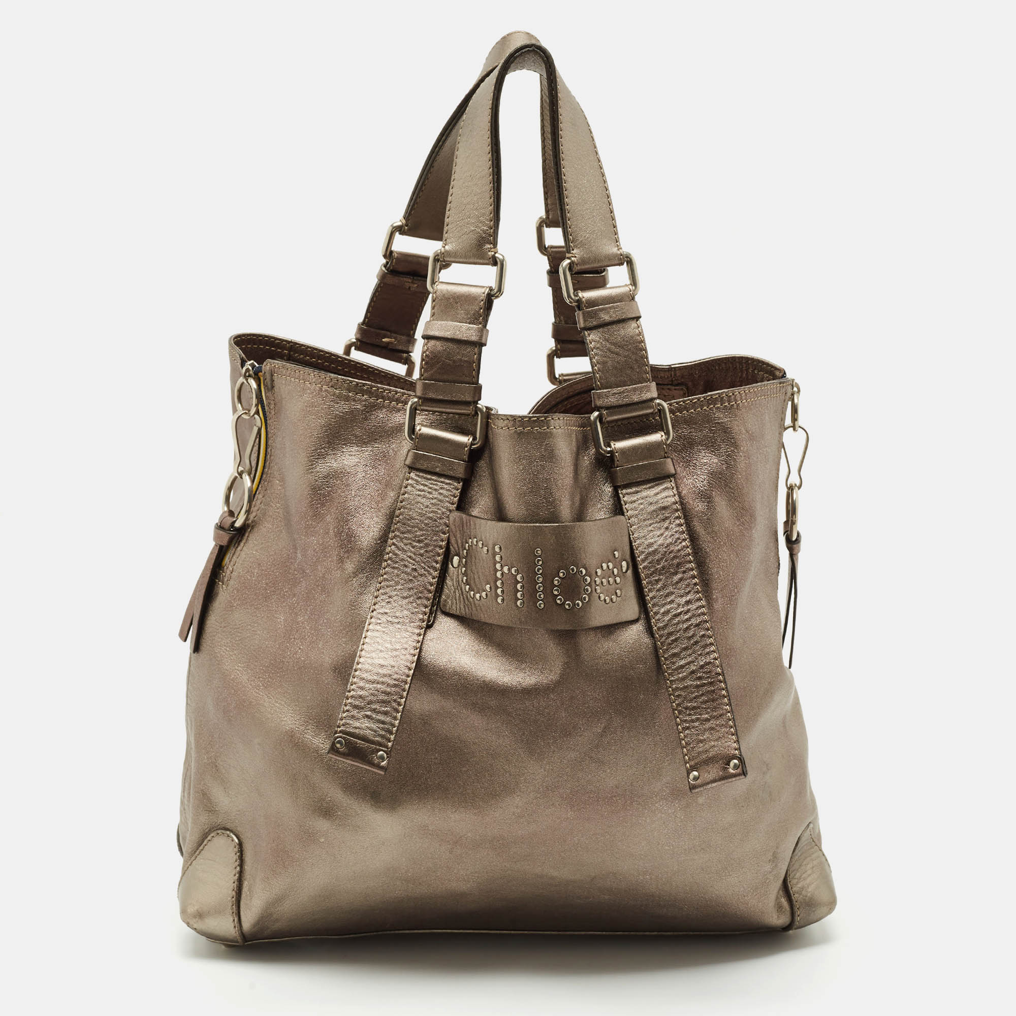 

Chloe Silver Leather Studded Logo Patsy Tote, Grey