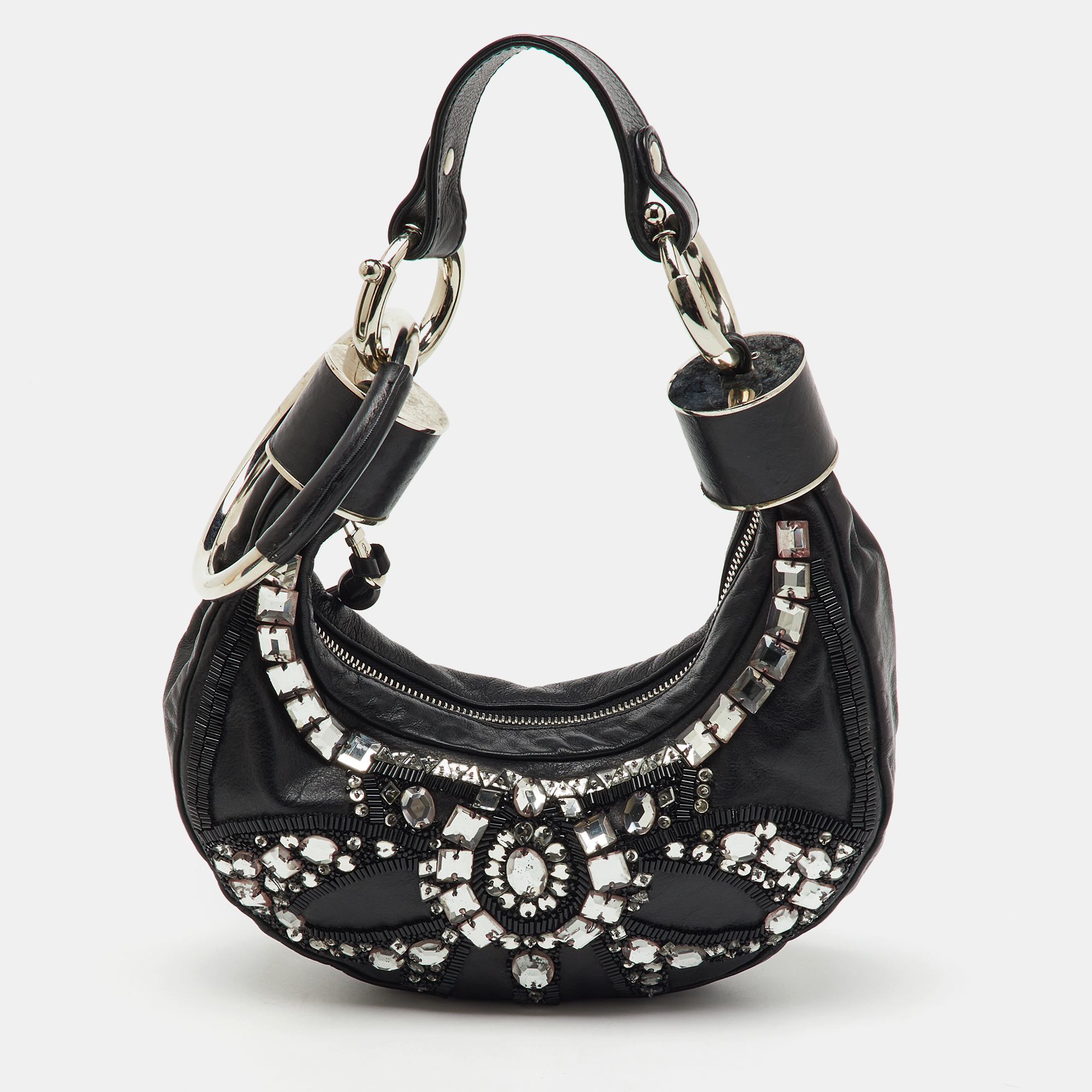 

Chloé Black Leather Mini Crystal Embellished Crescent Hobo