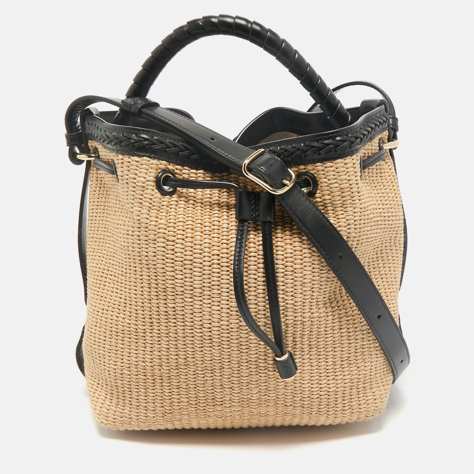 

Chloe Beige/Black Raffia and Leather Marcie Bucket Bag