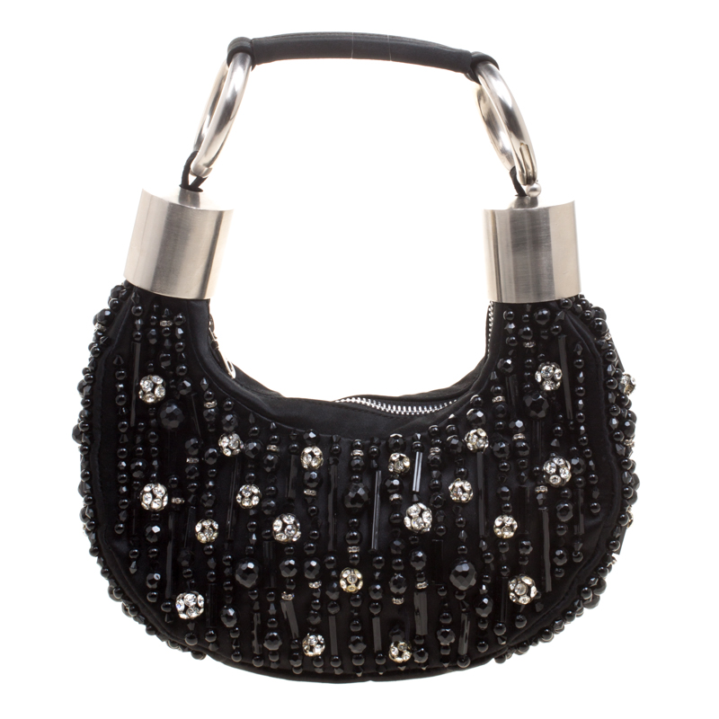 Pre Owned Chloe Black Satin Beads Embellished Hobo
