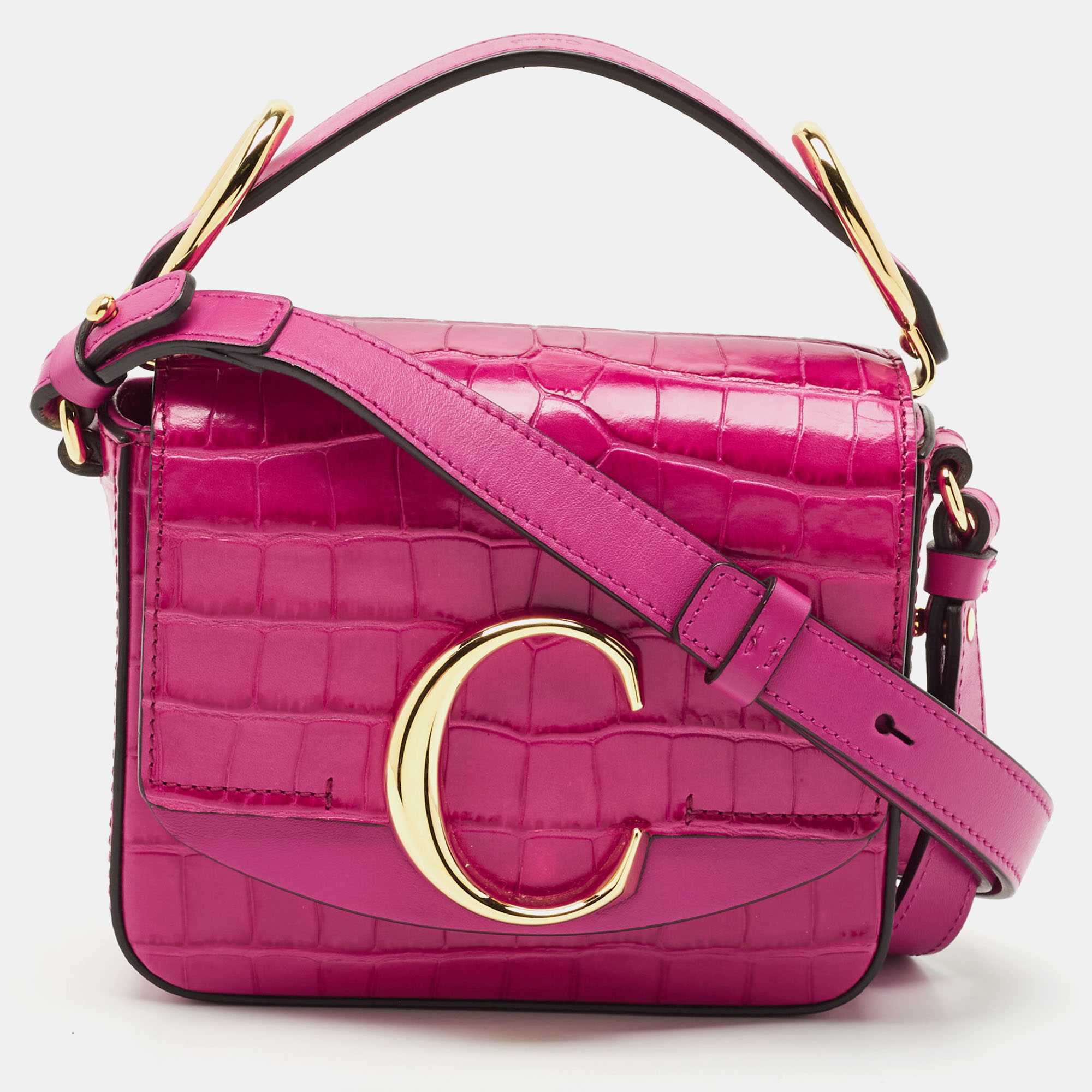 

Chloé Pink Croc Embossed Leather Mini C Top Handle Bag