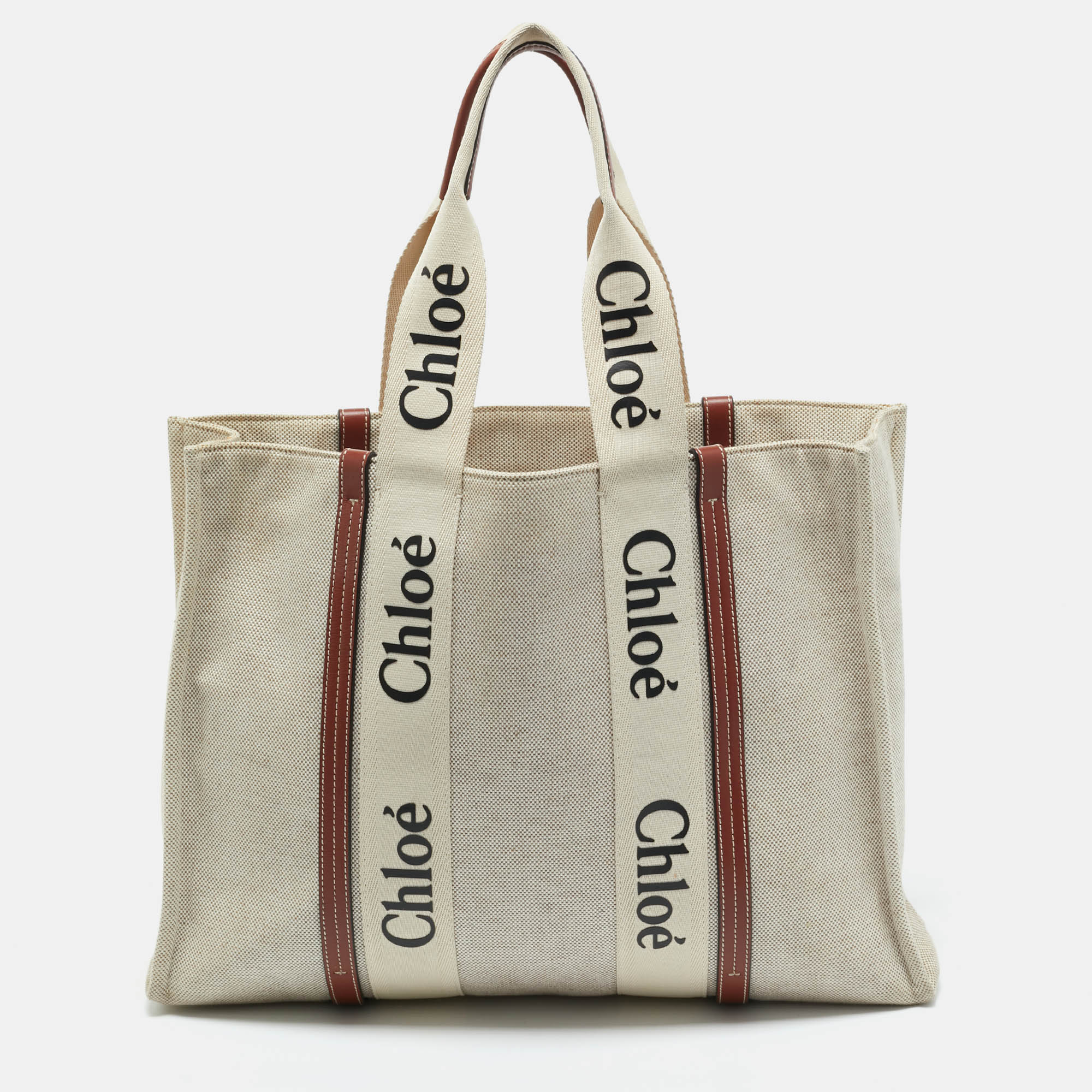Pre-owned Chloé Beige/brown Canvas And Leather Large Woody Tote
