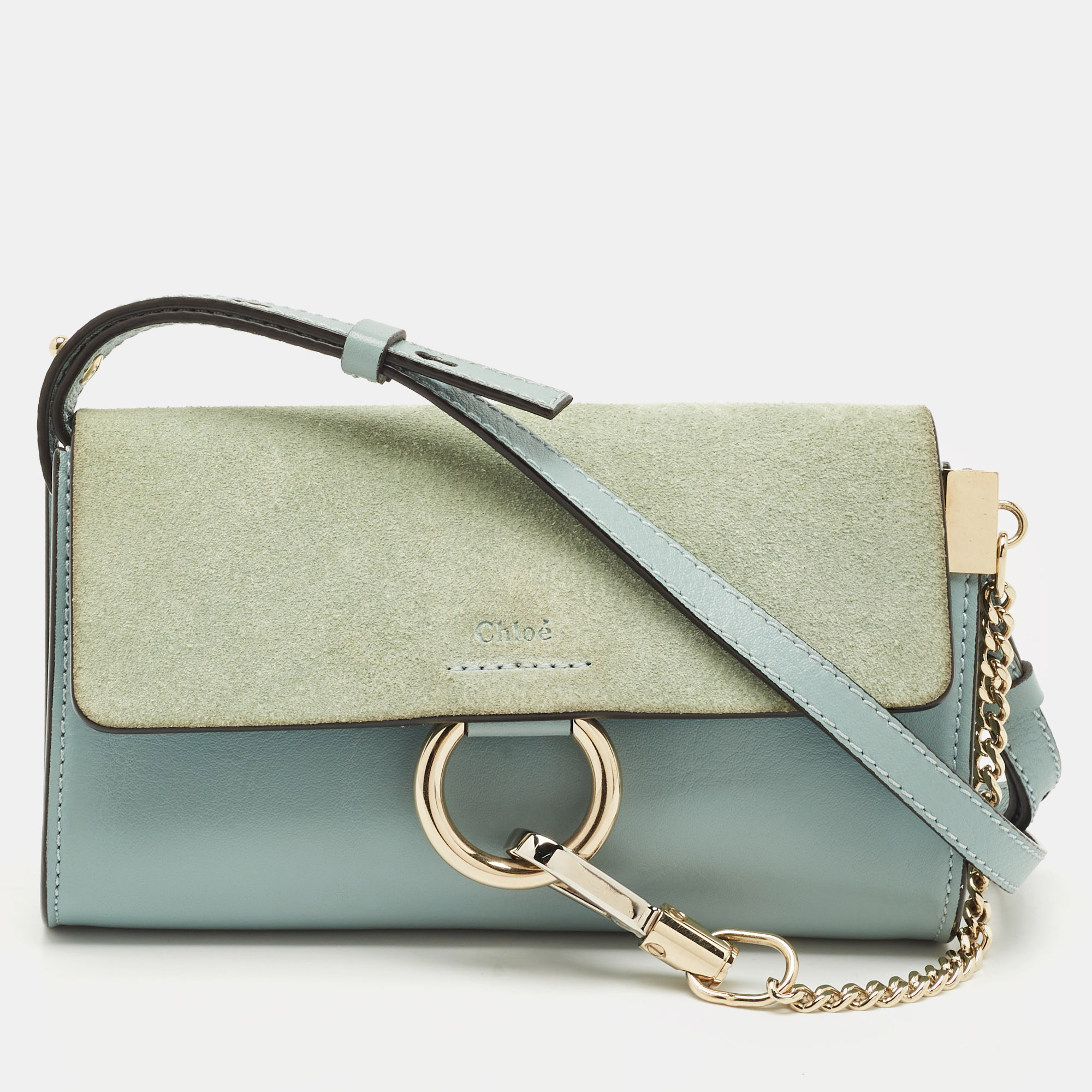 Pre-owned Chloé Light Blue Leather And Suede Mini Faye Shoulder Bag