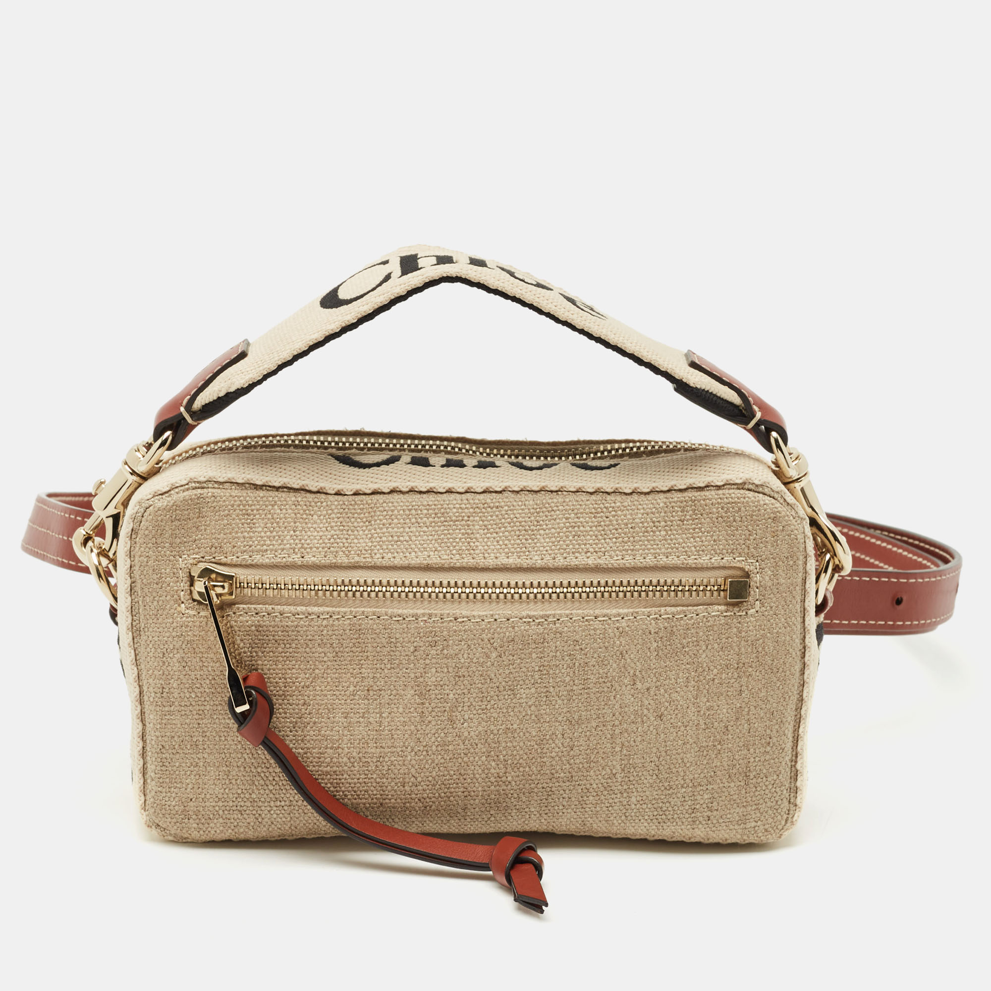 Pre-owned Chloé Beige/brown Canvas And Leather Woody Belt Bag In Sand