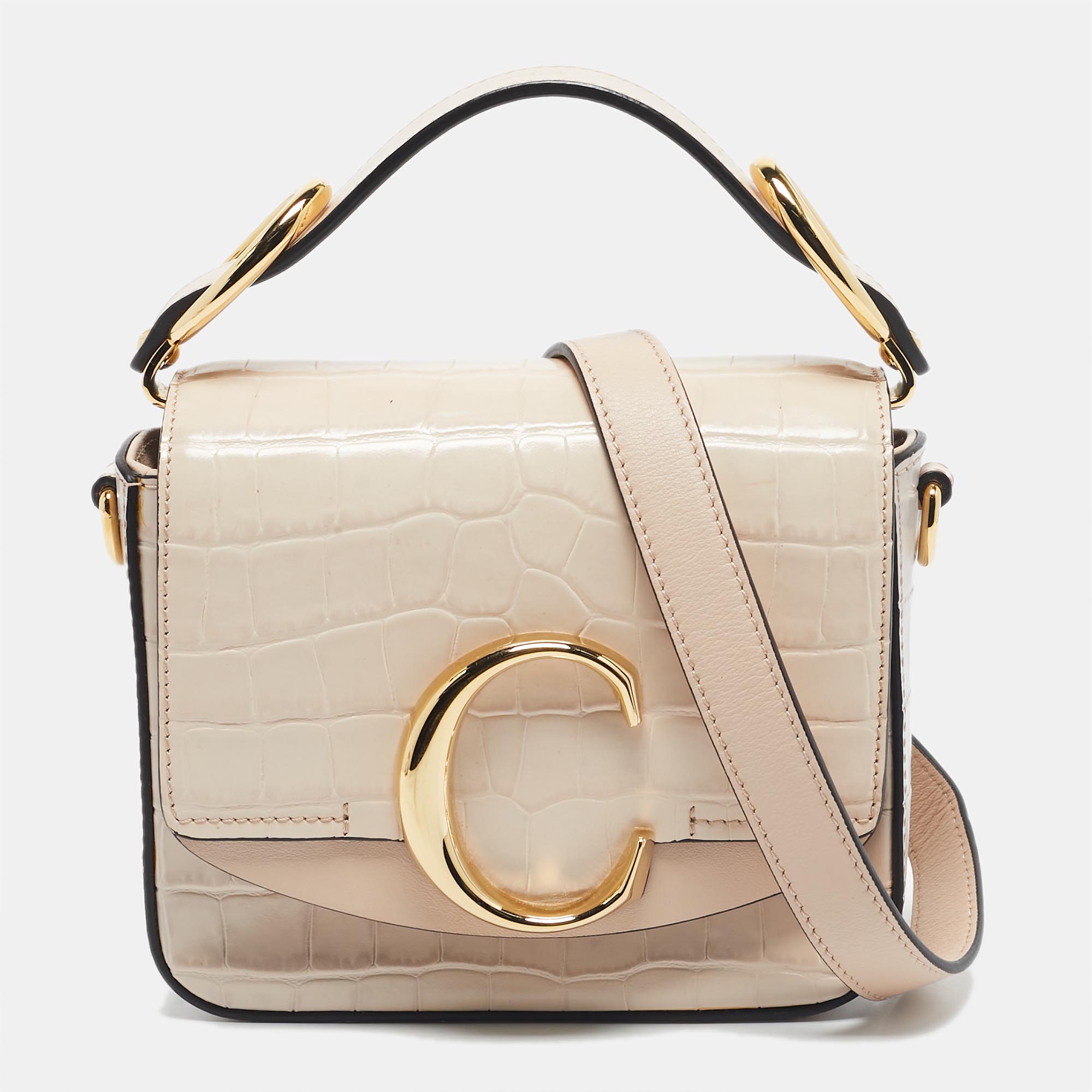 Pre-owned Chloé Blush Pink/grey Croc Embossed Leather Mini C Top Handle Bag