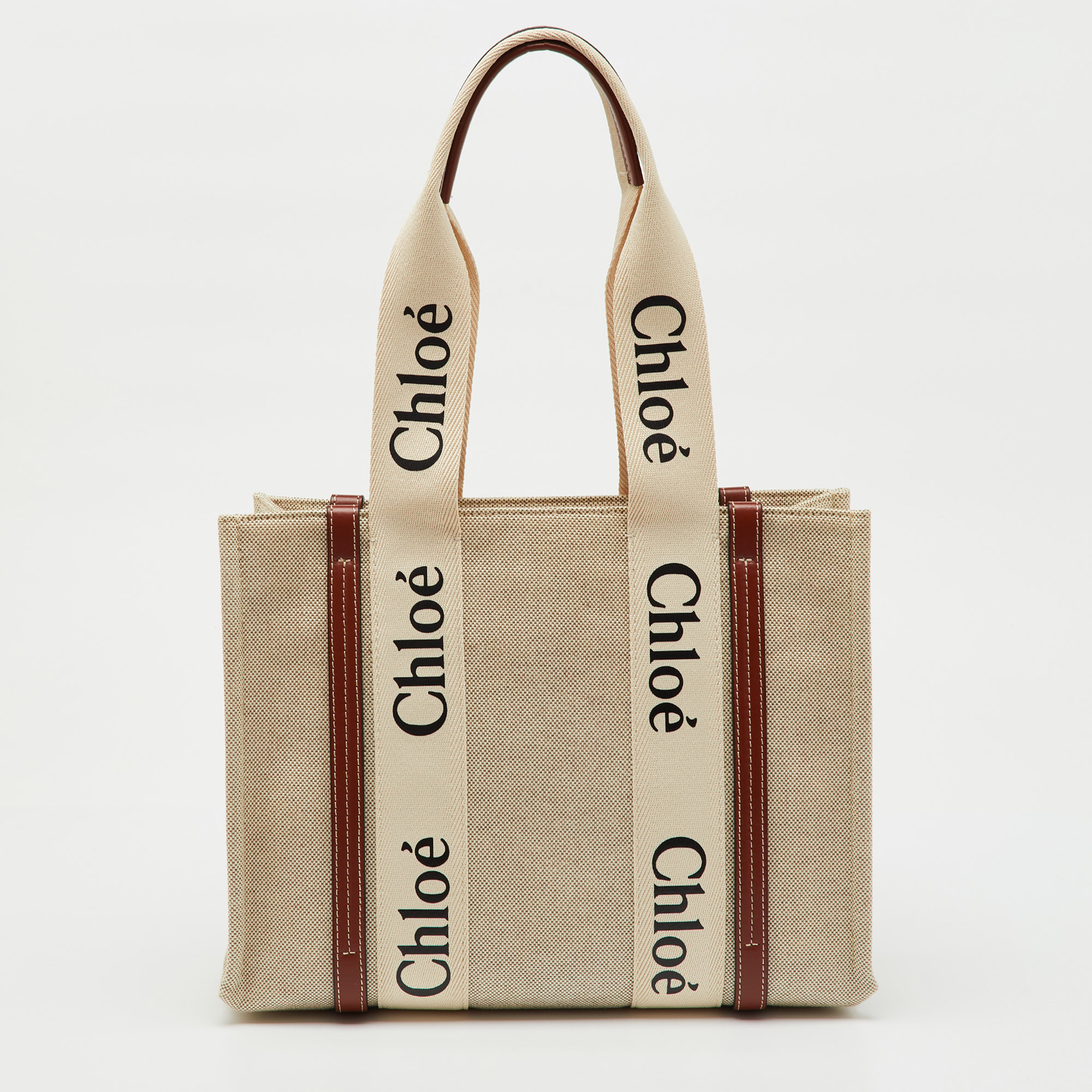 Pre-owned Chloé Beige/brown Canvas And Leather Medium Woody Tote In Sand