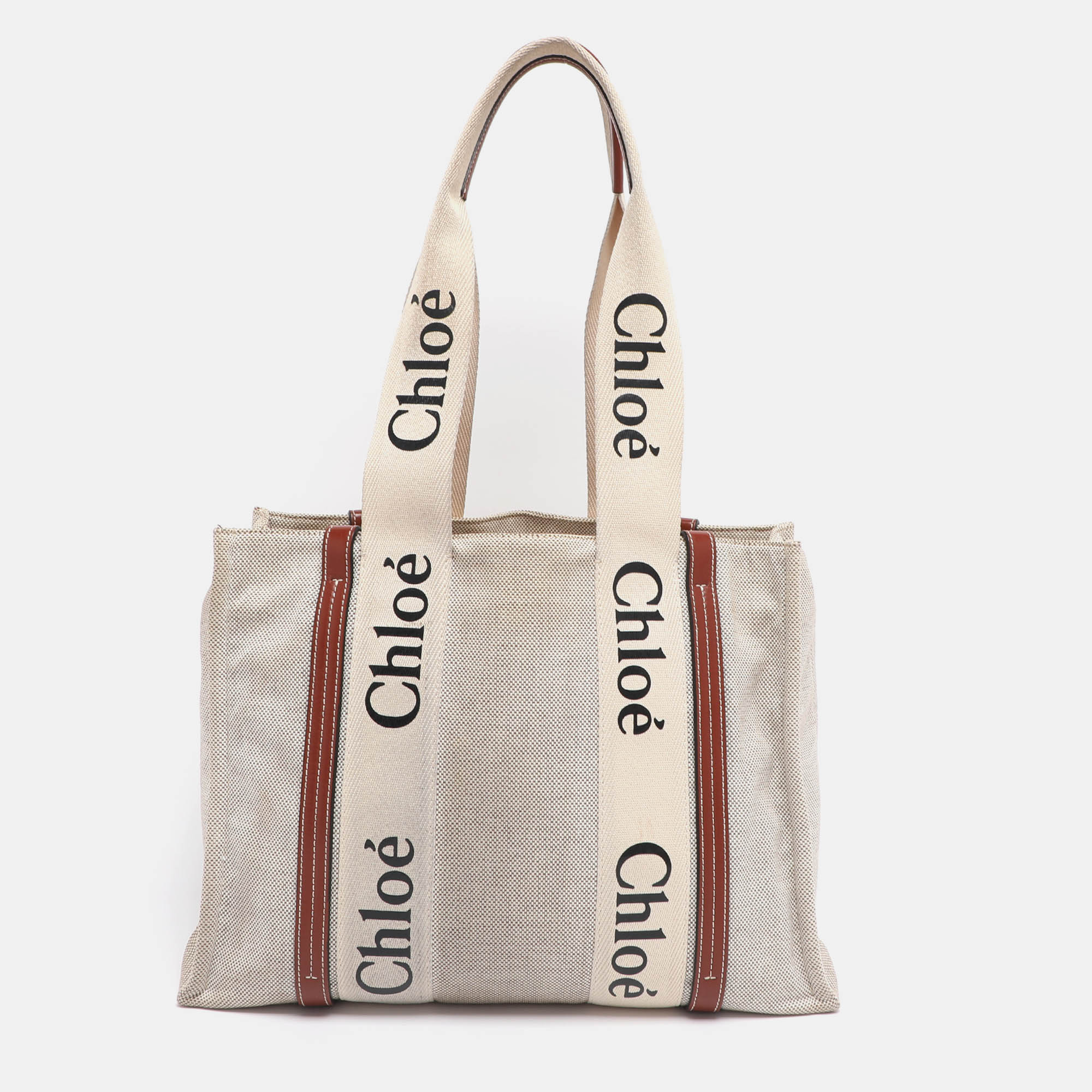 Pre-owned Chloé Beige/brown Canvas And Leather Medium Woody Tote In Sand