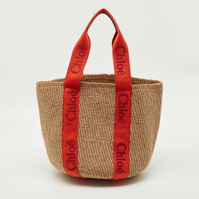 

Chloe Beige/Orange Woven Raffia and Canvas Woody Basket Bag