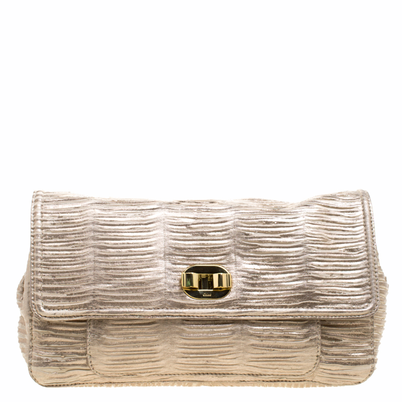 Pre Owned Chloe Metallic Beige Pleated Leather Clutch