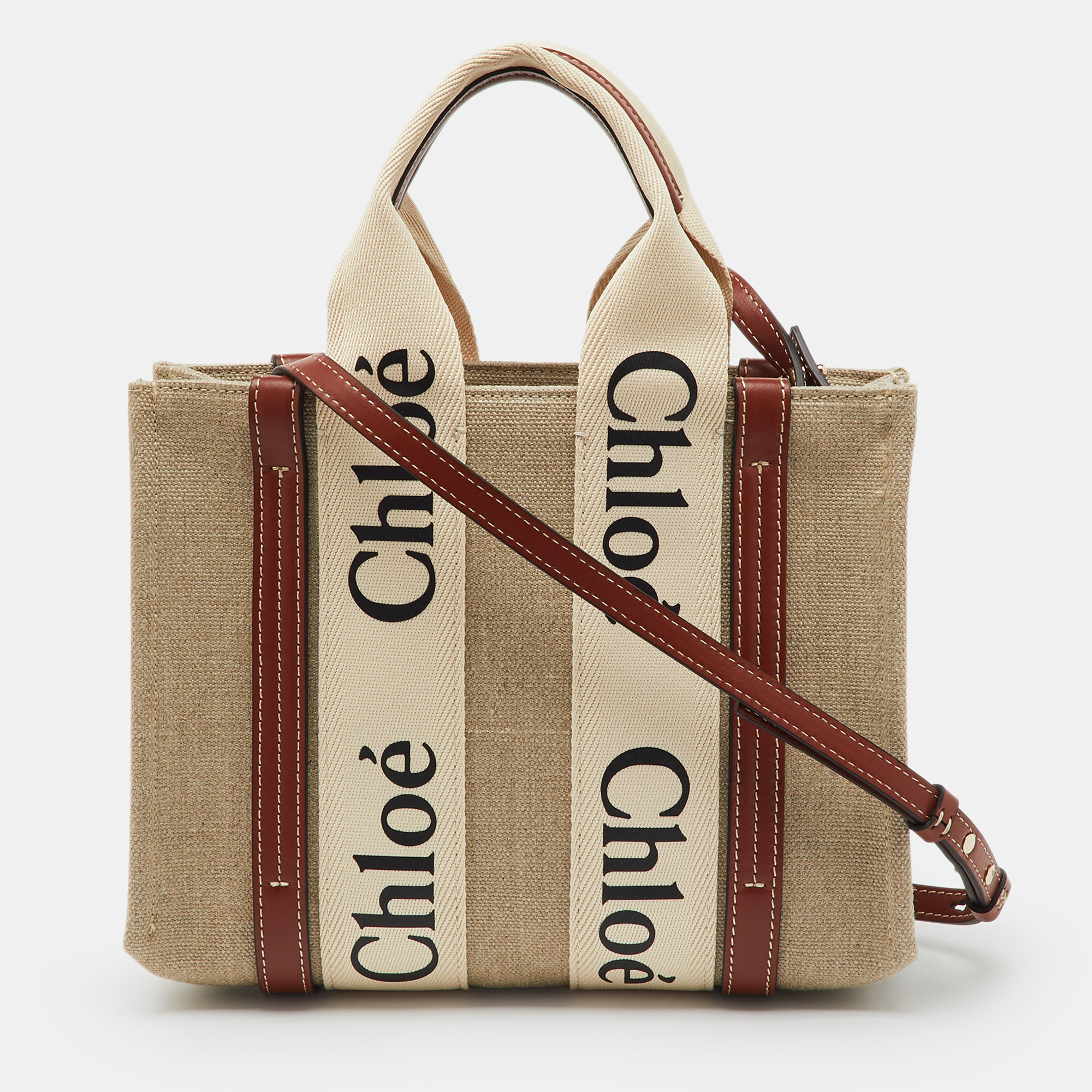 Pre-owned Chloé Beige/brown Canvas And Leather Small Woody Tote In Sand