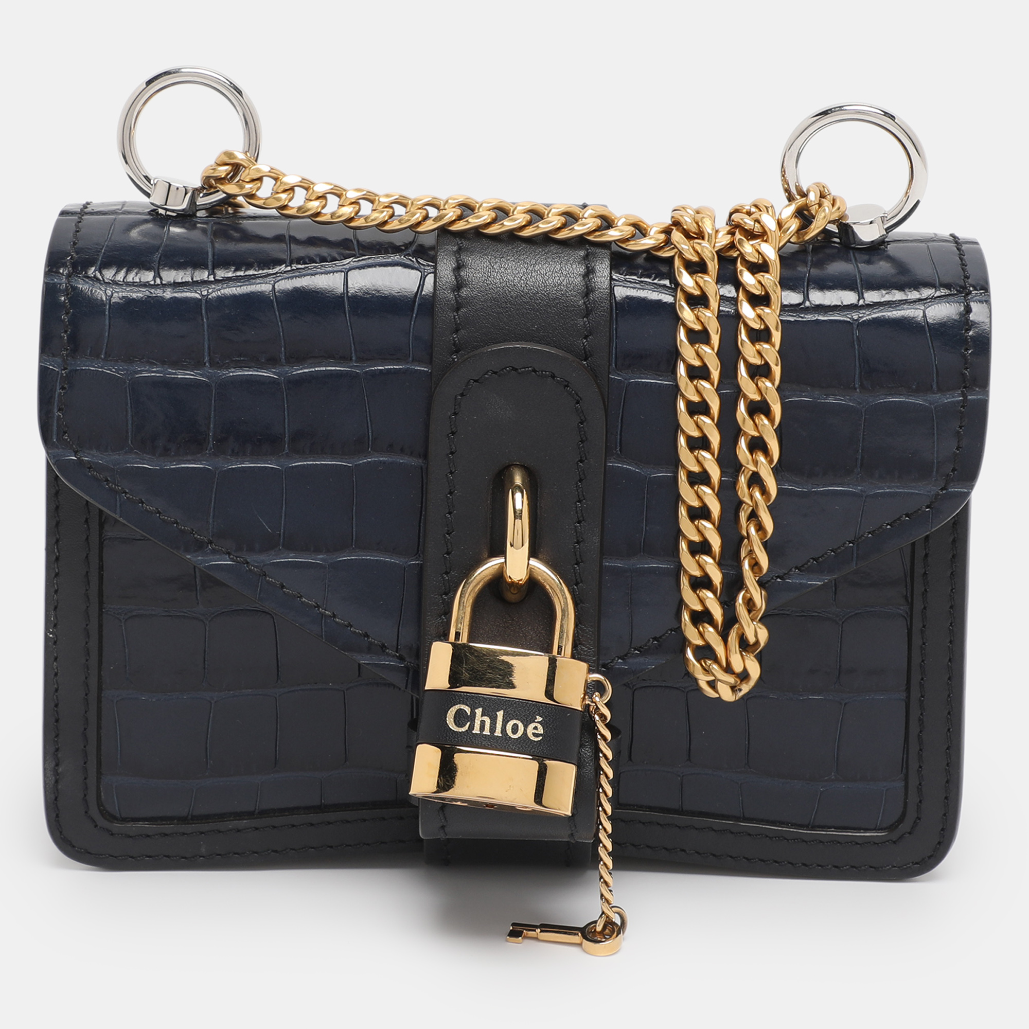 

Chloé Navy Blue Croc Embossed Leather Mini Aby Shoulder Bag