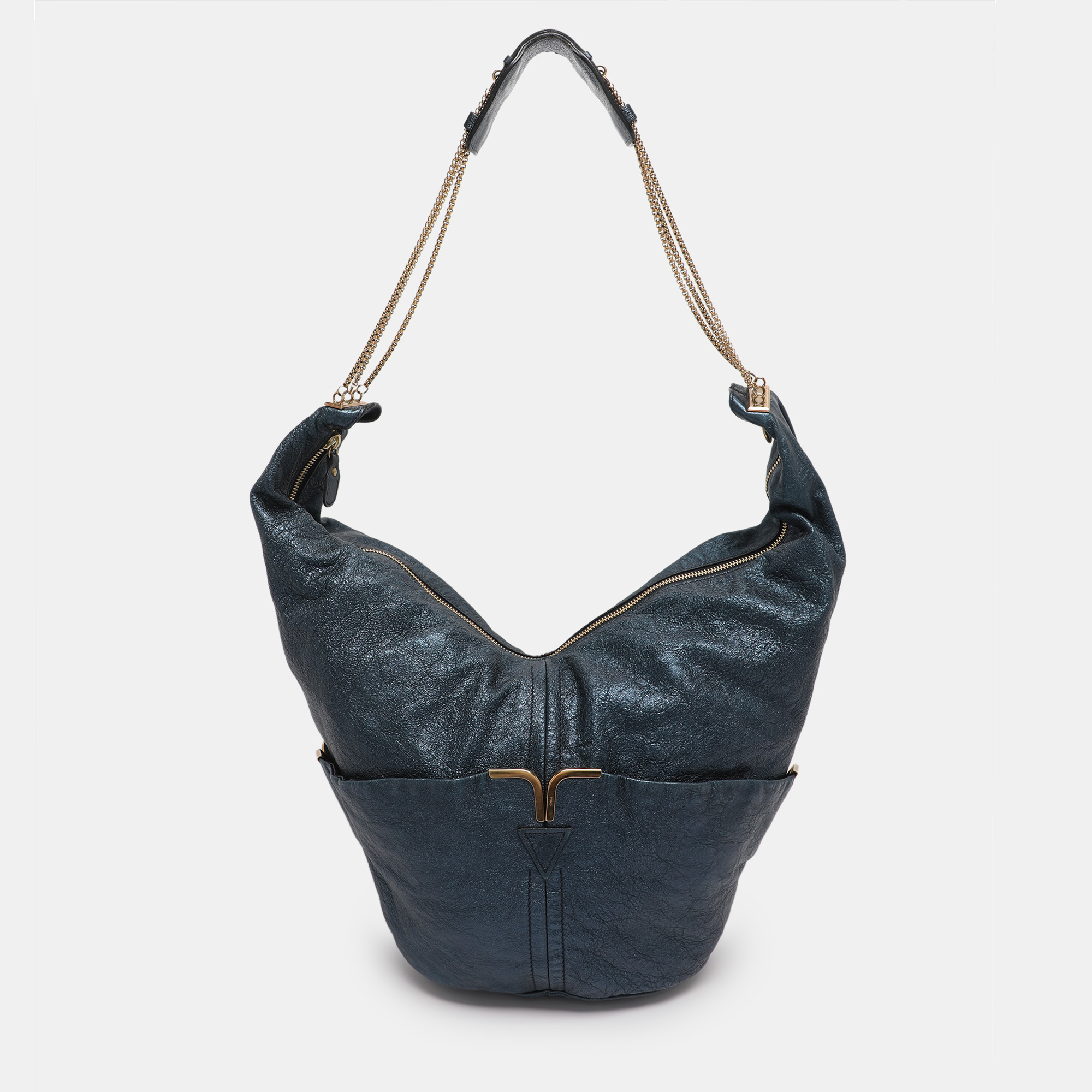 

Chloe Metallic Blue Leather Milton Triple Chain Hobo