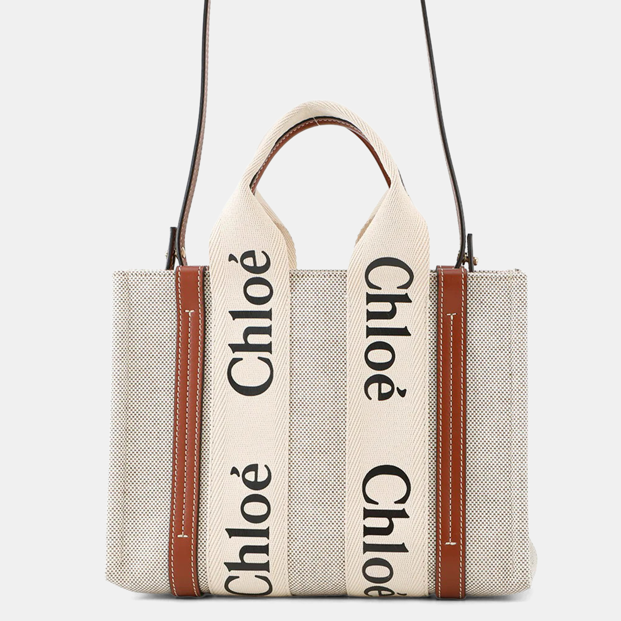 

Chloe Woody 2Way Tote Bag Beige/Brown Canvas Leather Size Small