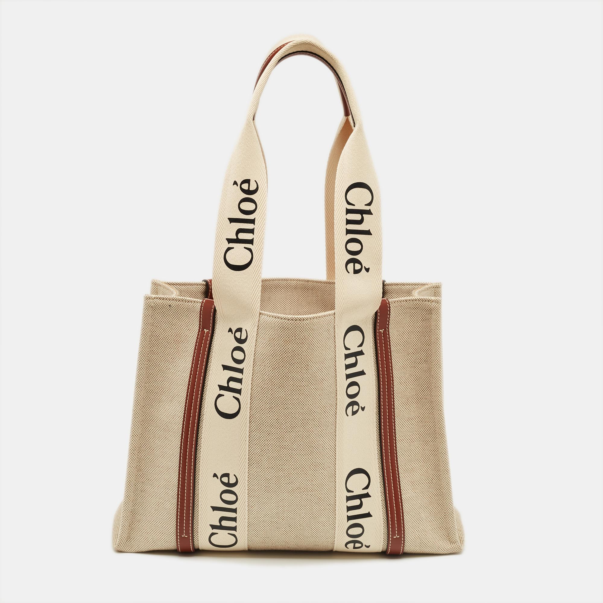 Pre-owned Chloé Beige/brown Canvas Medium Woody Tote In Sand