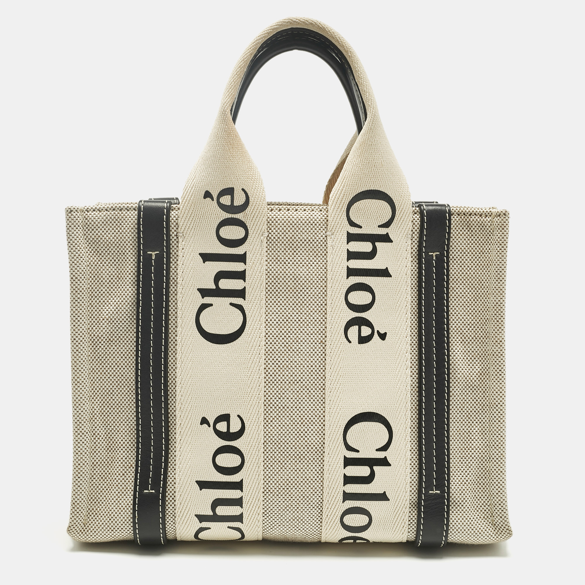 Pre-owned Chloé Beige/black Canvas And Leather Small Woody Tote In Sand