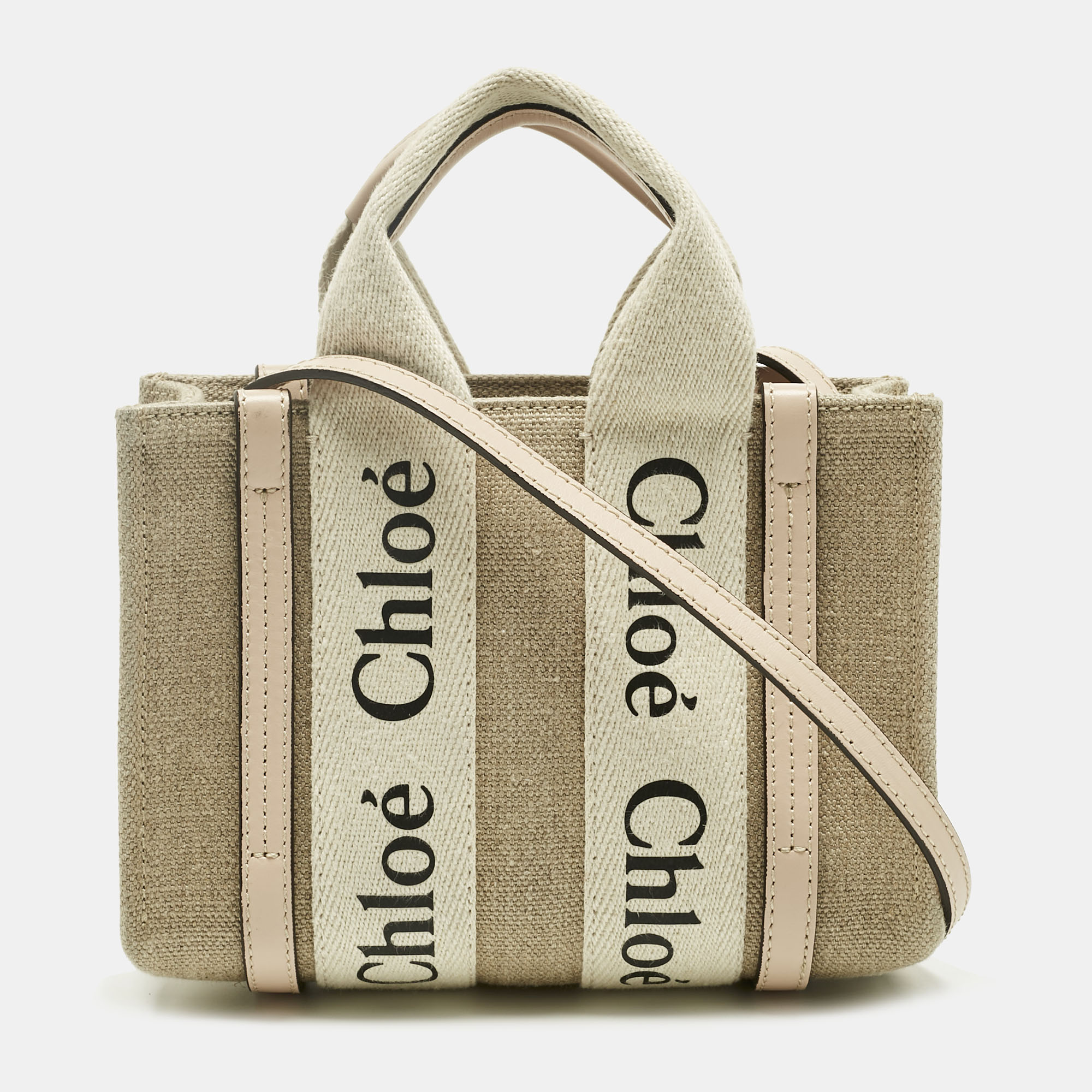 Pre-owned Chloé Pink/beige Canvas And Leather Mini Woody Tote