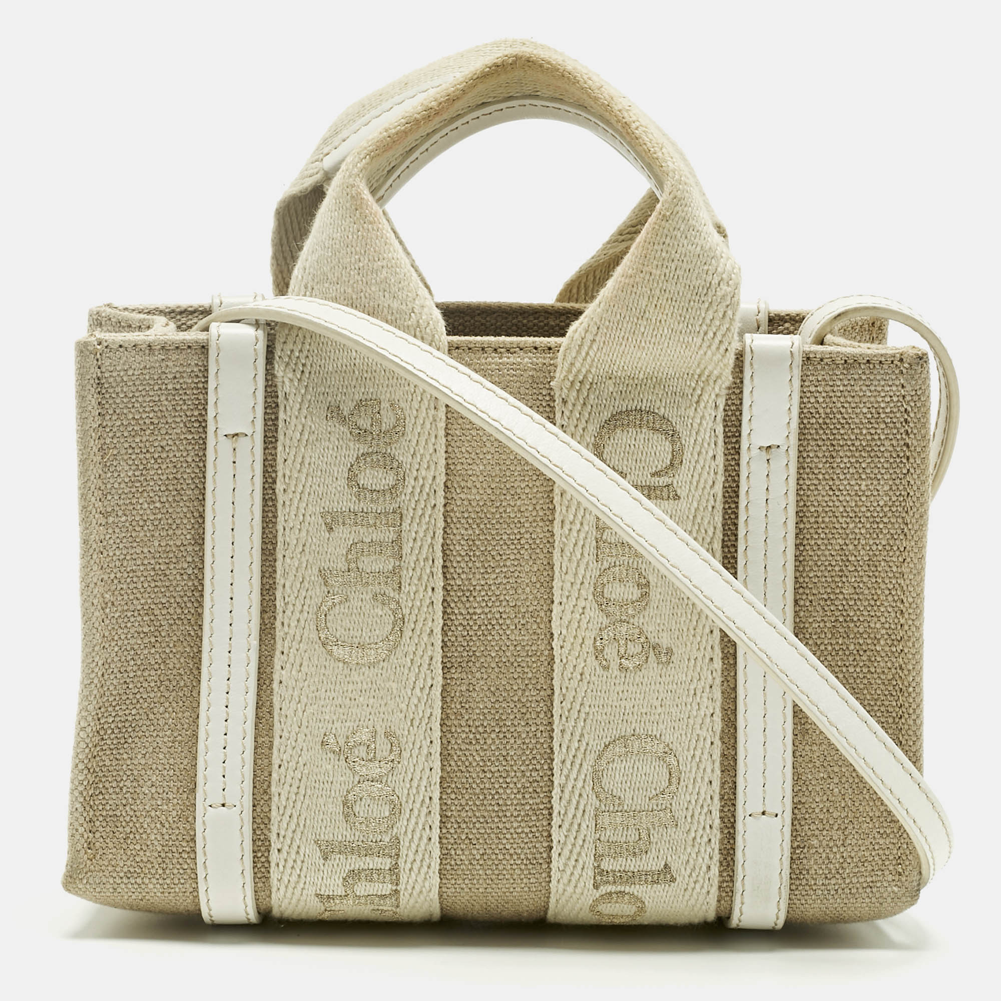 

Chloe White/Beige Canvas Mini Woody Tote