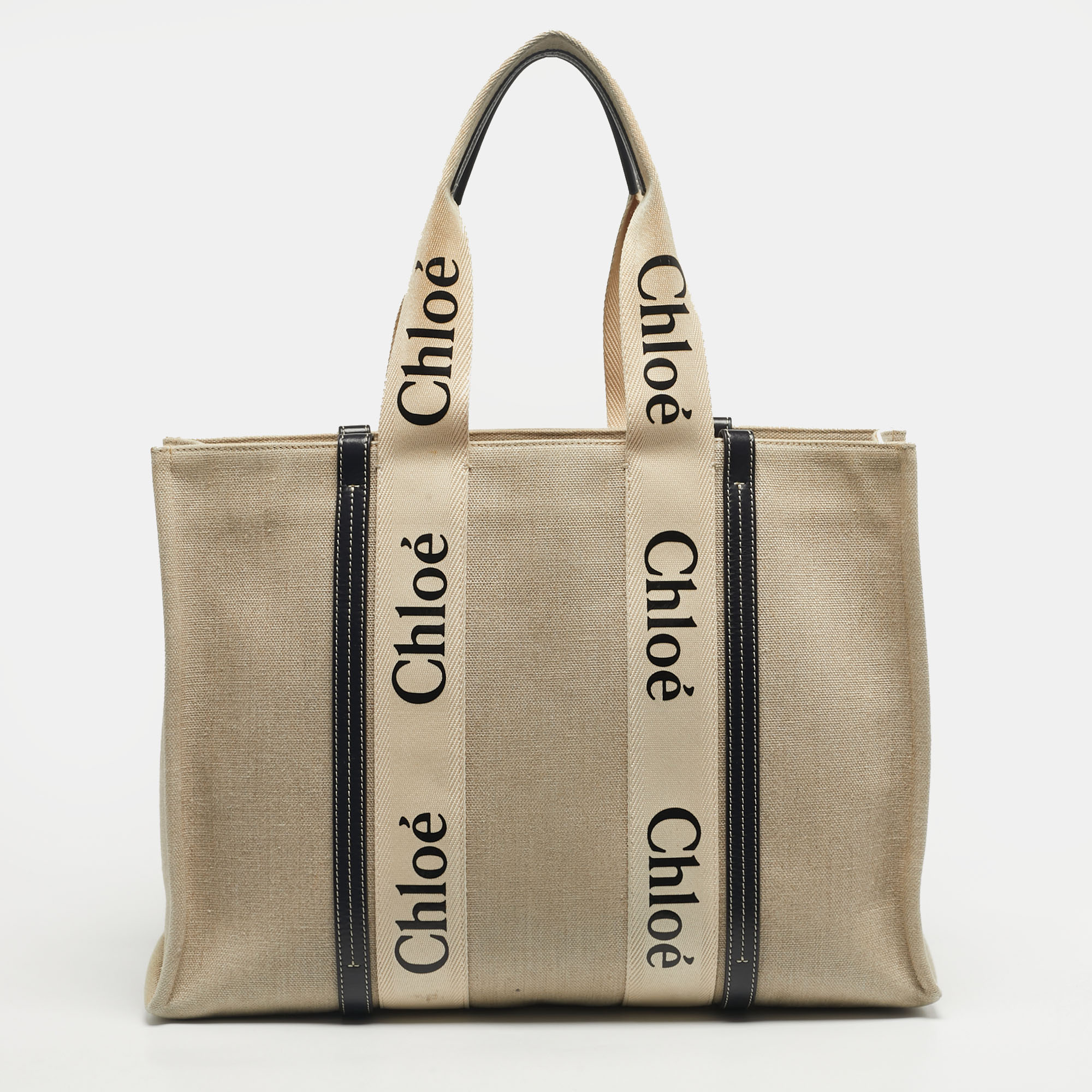 Pre-owned Chloé Beige/black Canvas And Leather Large Woody Tote In Sand