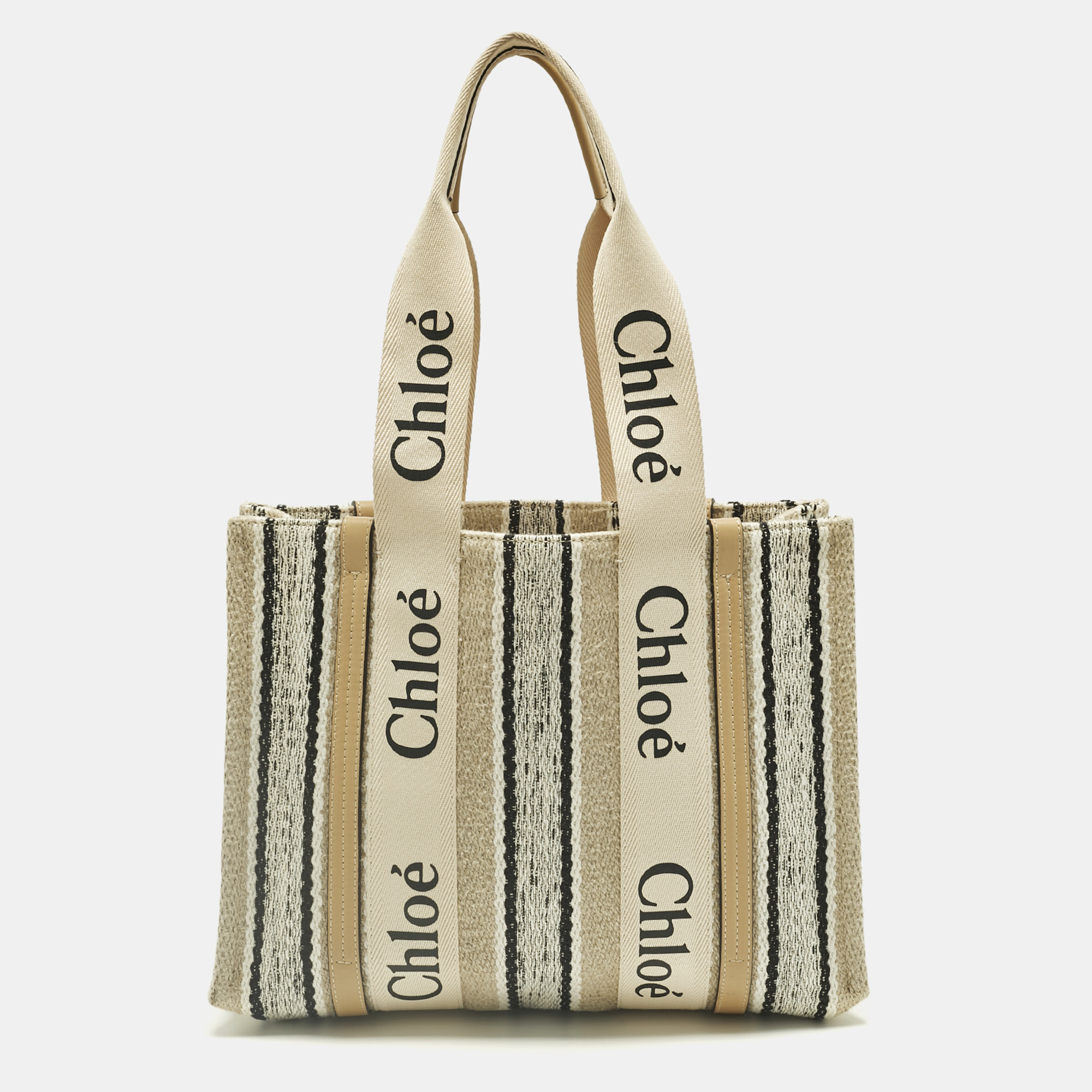 Pre-owned Chloé Beige/black Canvas And Leather Medium Striped Woody Tote In Sand