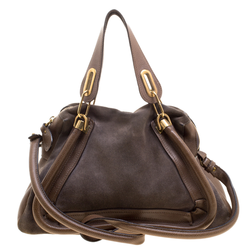 Pre Owned Chloe Dark Beige Leather and Suede Medium Paraty Shoulder Bag