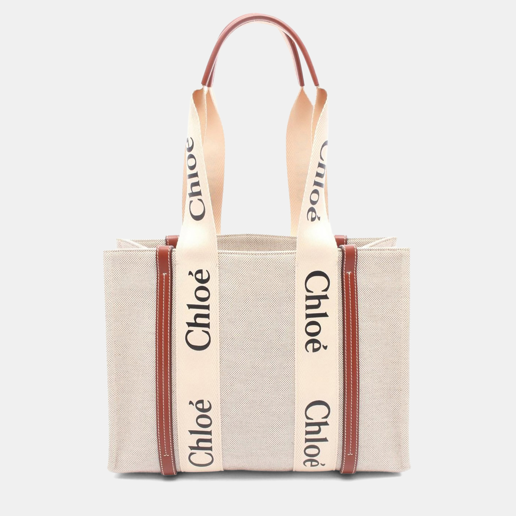 

Chloe Woody Medium Beige Brown Canvas Leather Tote Bag