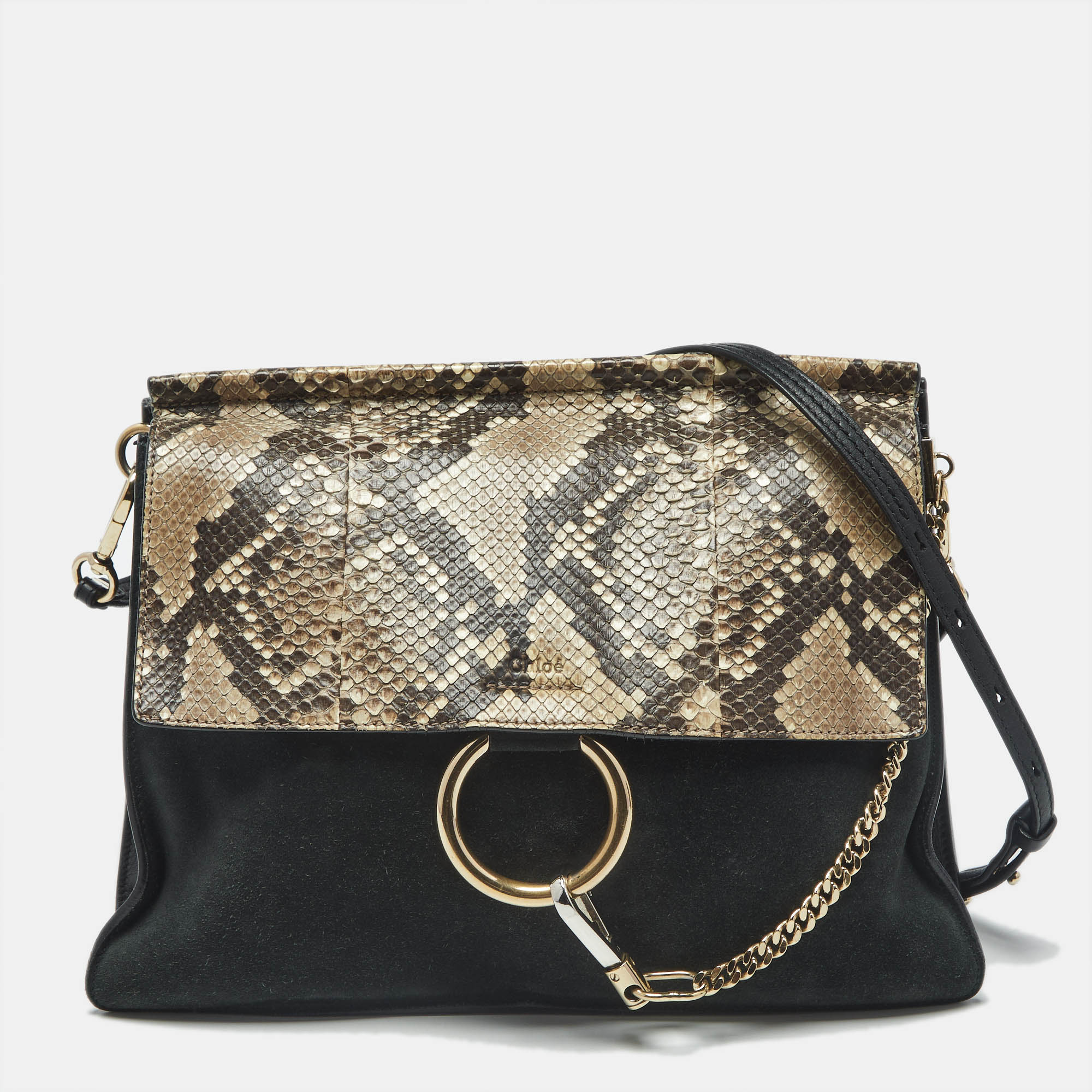 

Chloe Faye Medium Deep Green/Black Leather, Suede and Python Shoulder Bag