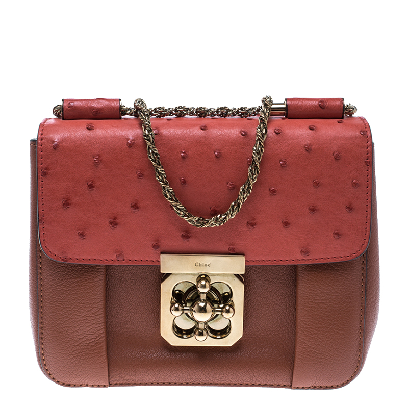Pre Owned Chloe Bi Color Ostrich and Leather Small Elsie Shoulder Bag