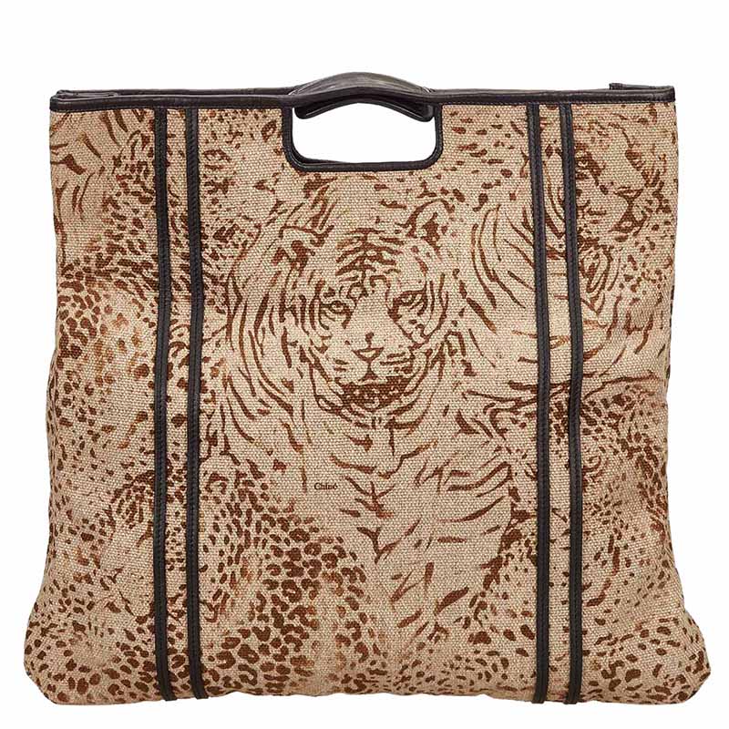 Pre Owned Chloe Brown Tiger Print Fabric Top Handle Bag