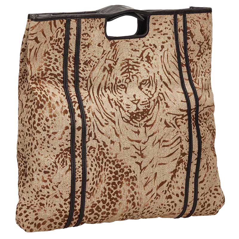 

Chloe Brown Tiger Print Fabric Top Handle Bag