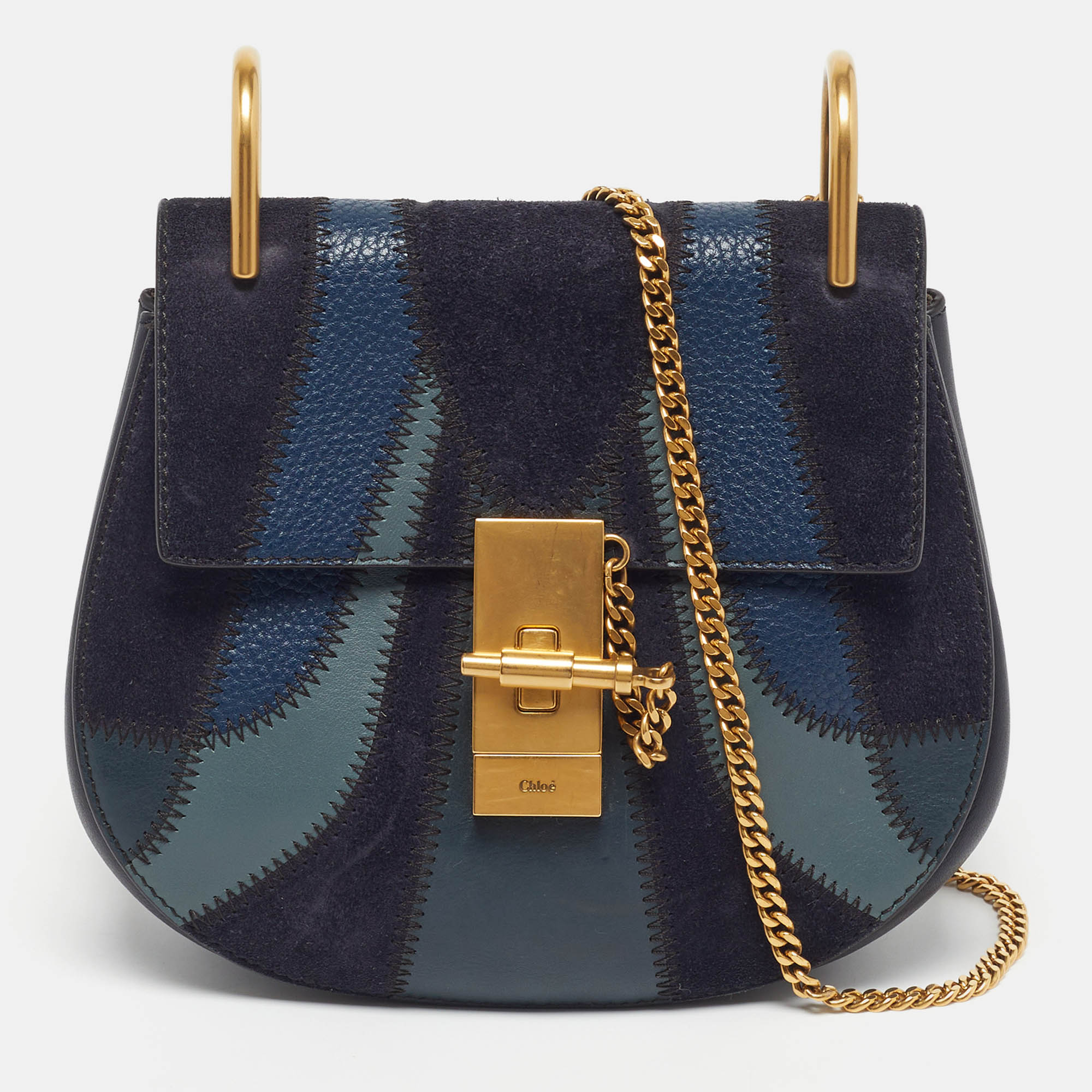 

Chloé Drew Patchwork Mini Blue Chain Shoulder Bag