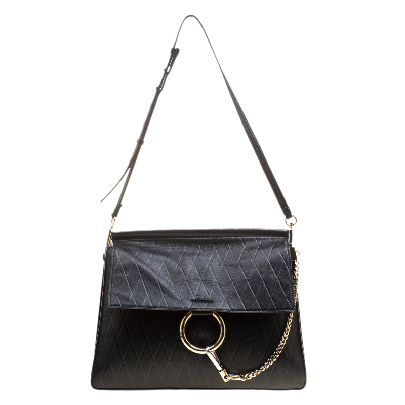 Pre Owned Chloe Black Diamond Embossed Leather Medium Faye Shoulder Bag