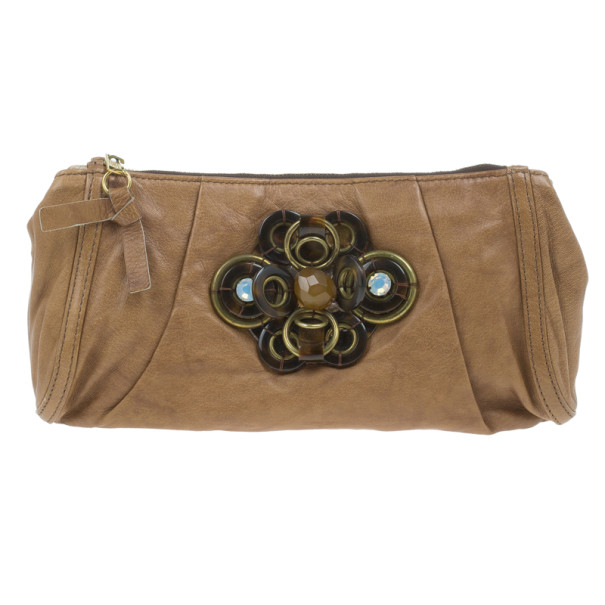 Pre Owned Chloe Brown Leather Embellished Clutch