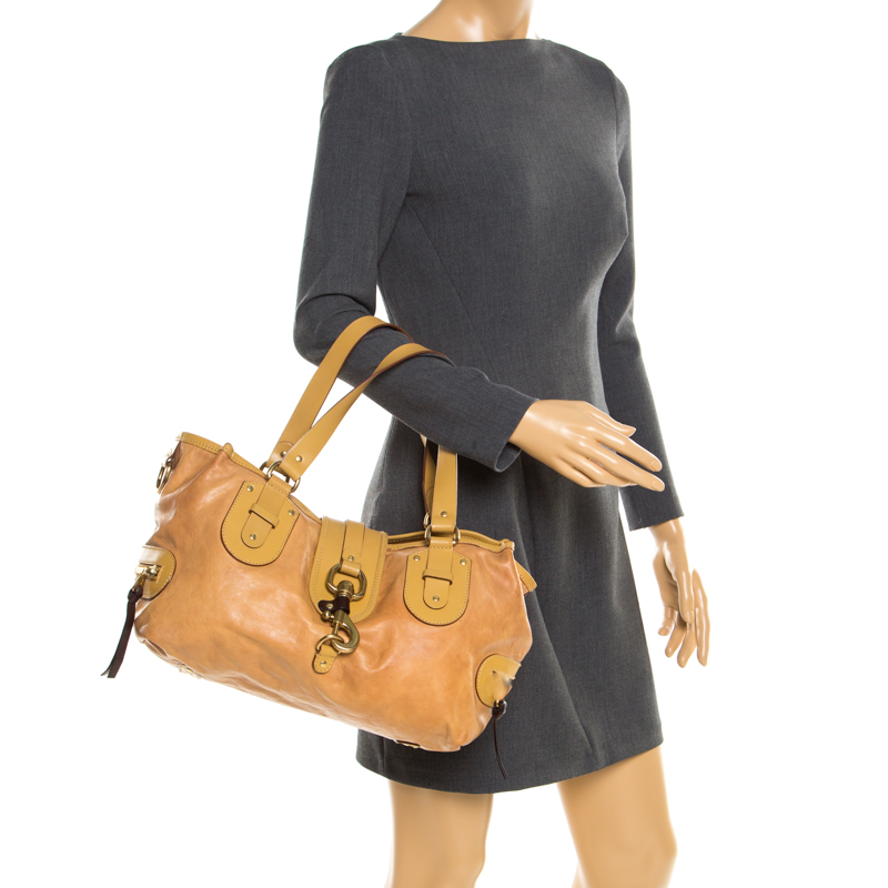 Chloe Mustard/Beige Leather Kerala Equipped Satchel, Yellow